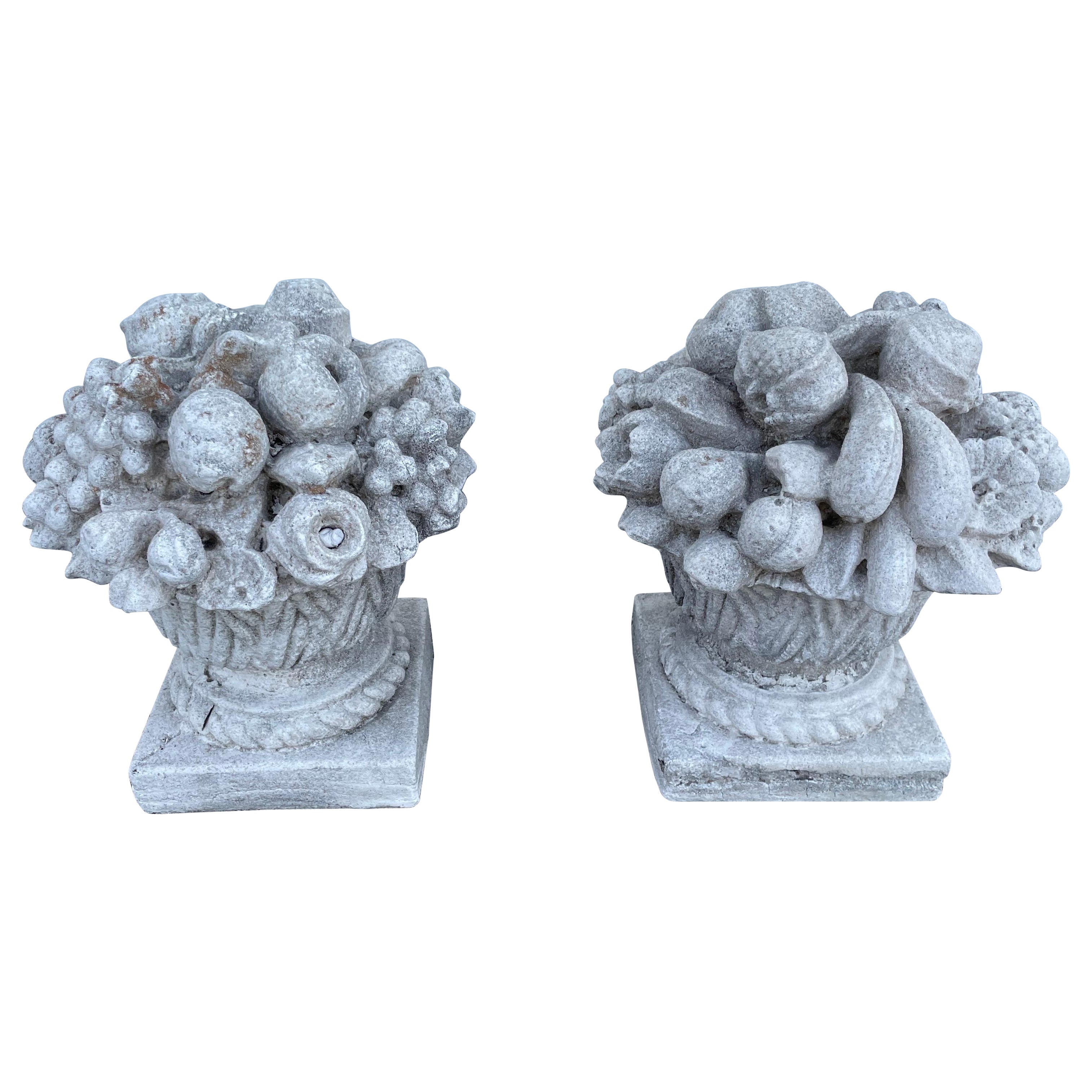 Vintage Pair of Limestone Fruit Baskets, Circa 1950s, Garden Ornaments