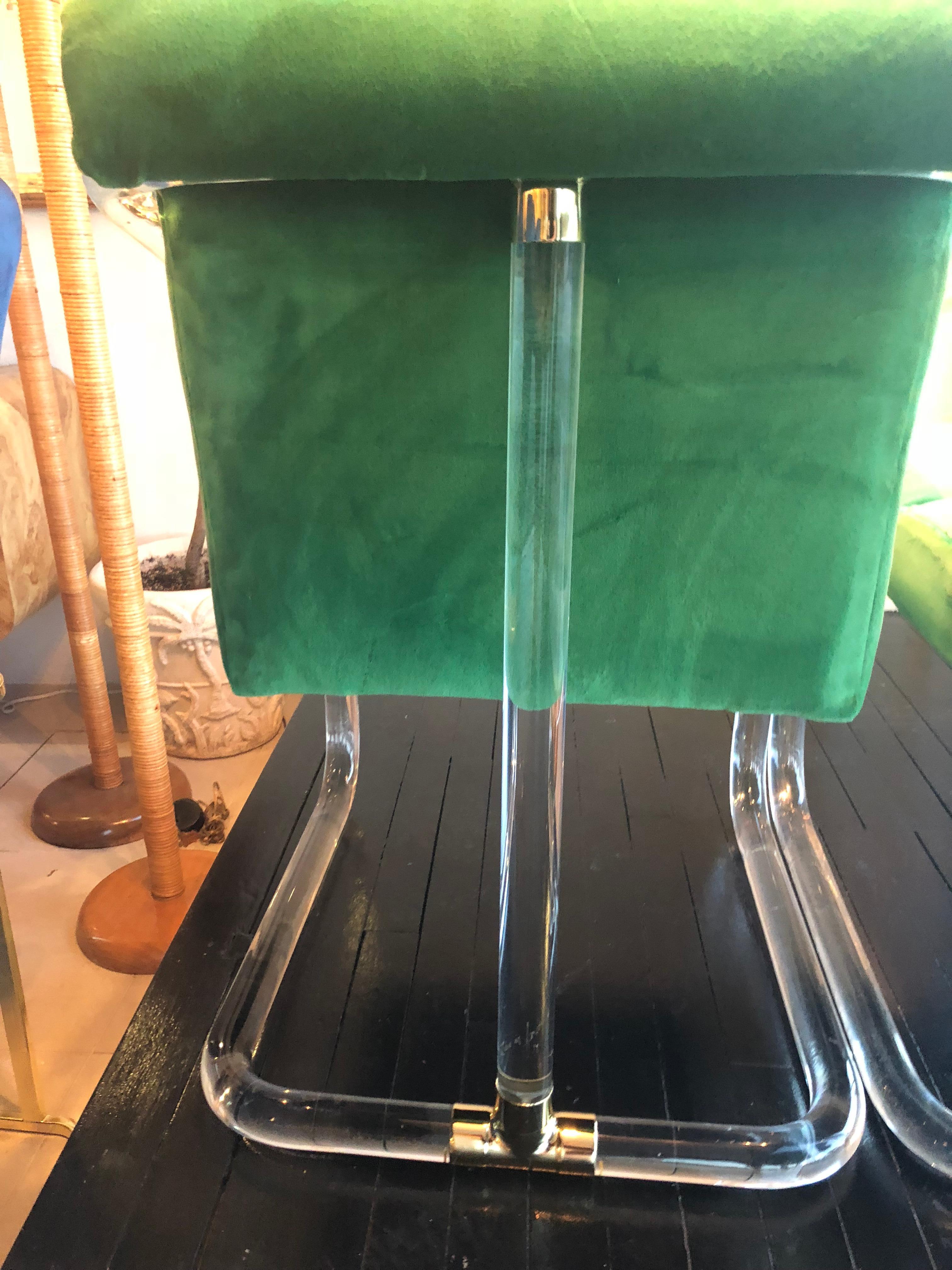 Late 20th Century Vintage Pair of Lion in Frost Signed Lucite and Brass Arm chairs Green Velvet