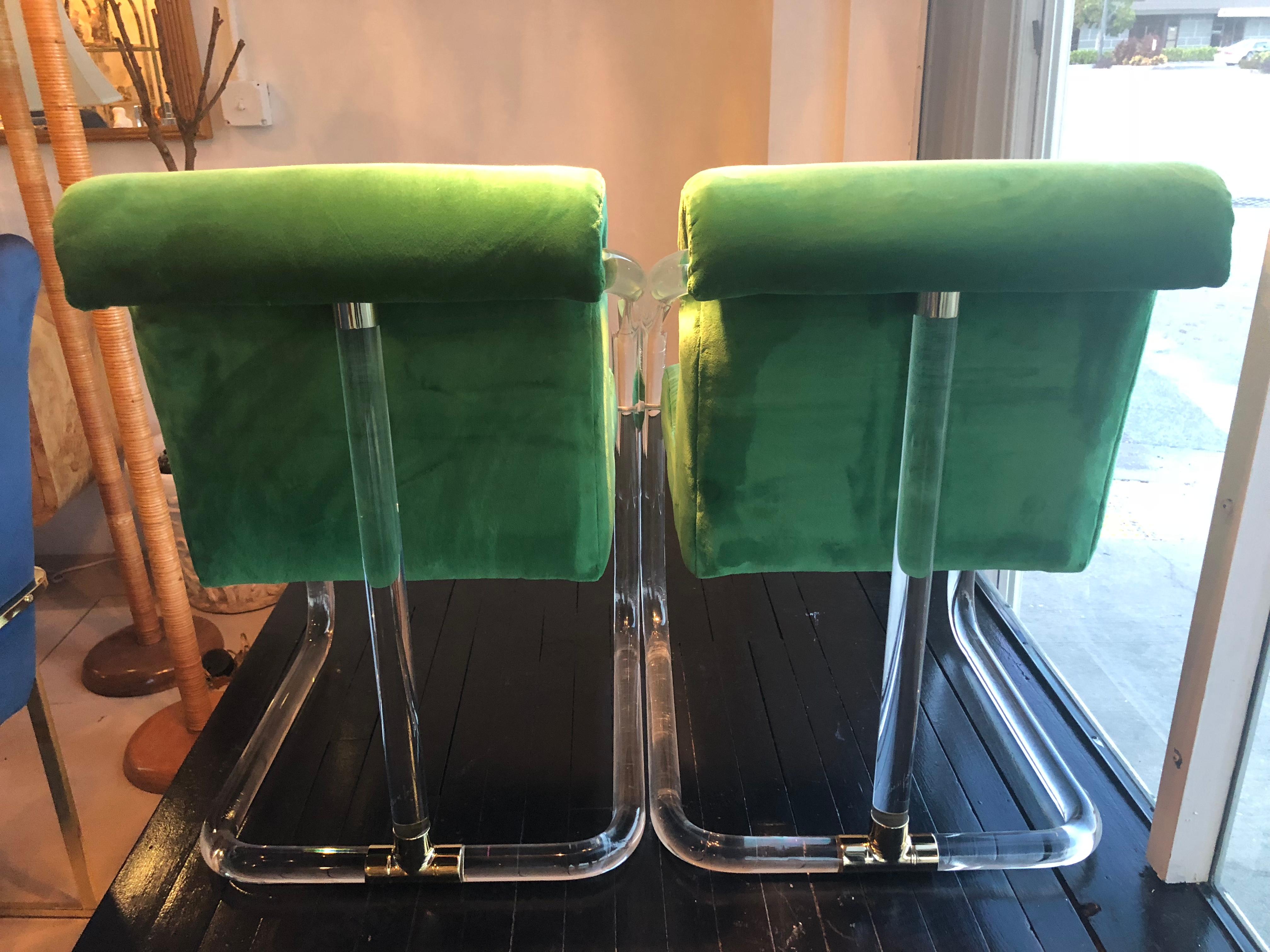 Vintage Pair of Lion in Frost Signed Lucite and Brass Arm chairs Green Velvet 1