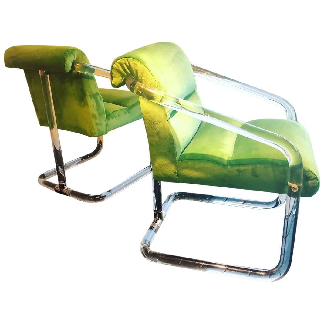 Vintage Pair of Lion in Frost Signed Lucite and Brass Arm chairs Green Velvet