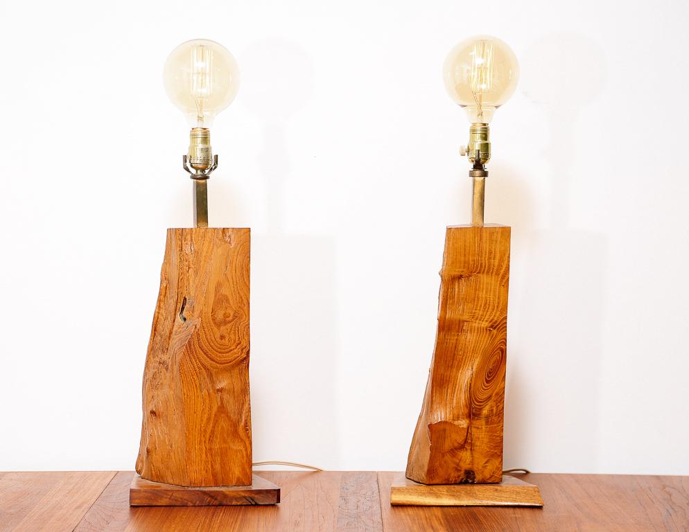Pair of vintage table lamps with live edge wood bases and Edison filament globe bulbs. Handmade.