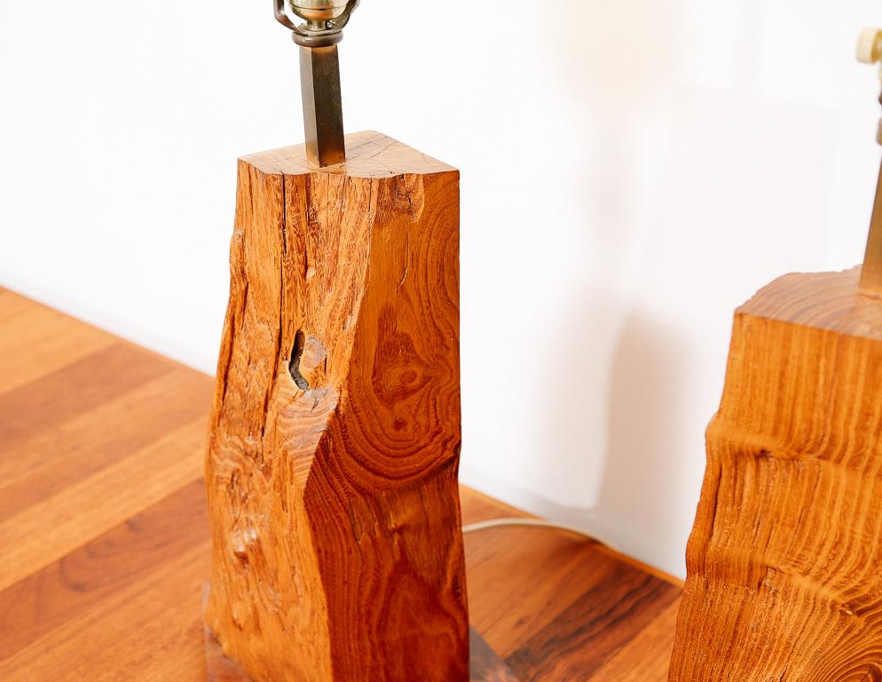 Vintage Pair of Live Edge Wood Table Lamps with Edison Globe Bulbs In Good Condition In Brooklyn, NY