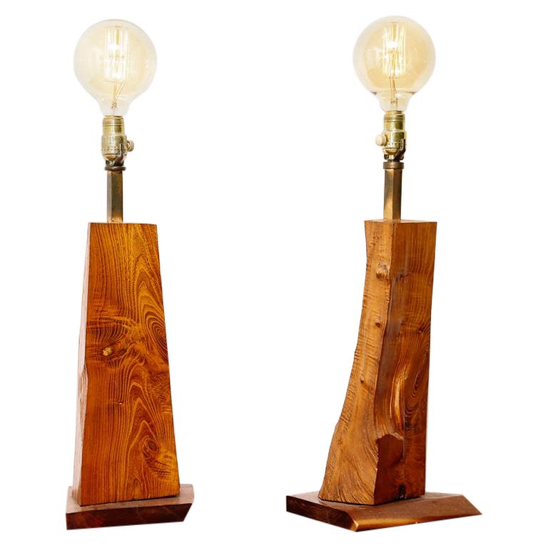 Vintage Pair of Live Edge Wood Table Lamps with Edison Globe Bulbs