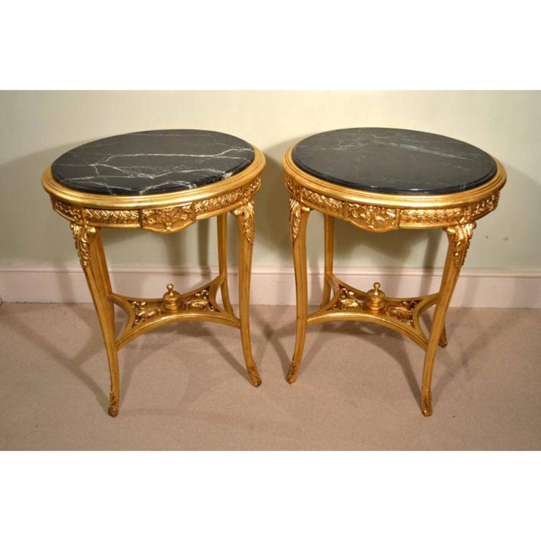 Vintage Pair of Louis Revival Giltwood Marble Top Occasional Tables, 20th C 1