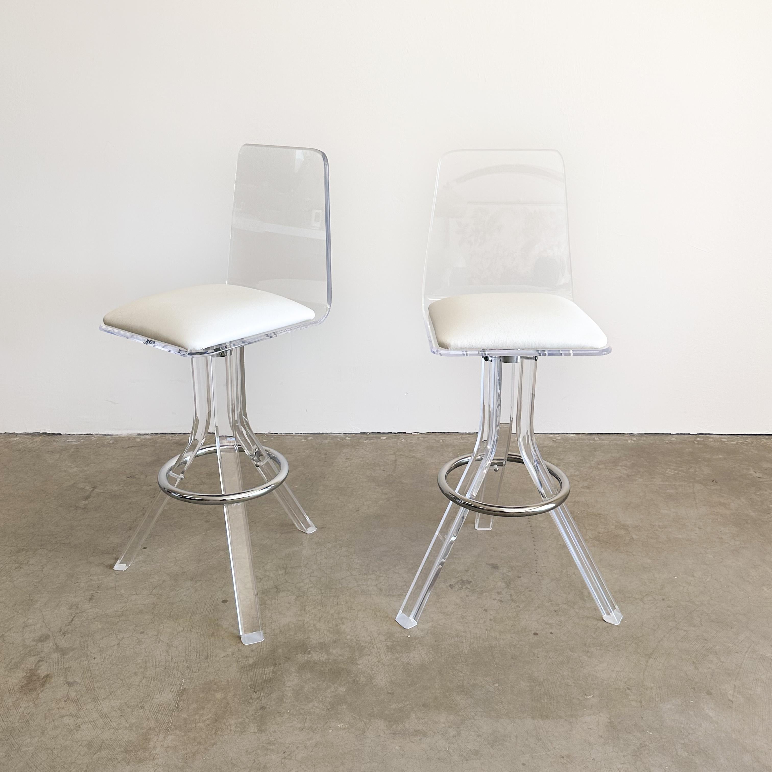 Late 20th Century Vintage Pair of Lucite And Chrome Bar Stool Charles Hollis Jones  For Sale
