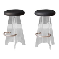 Vintage Pair of Lucite and Leather Bar Stools