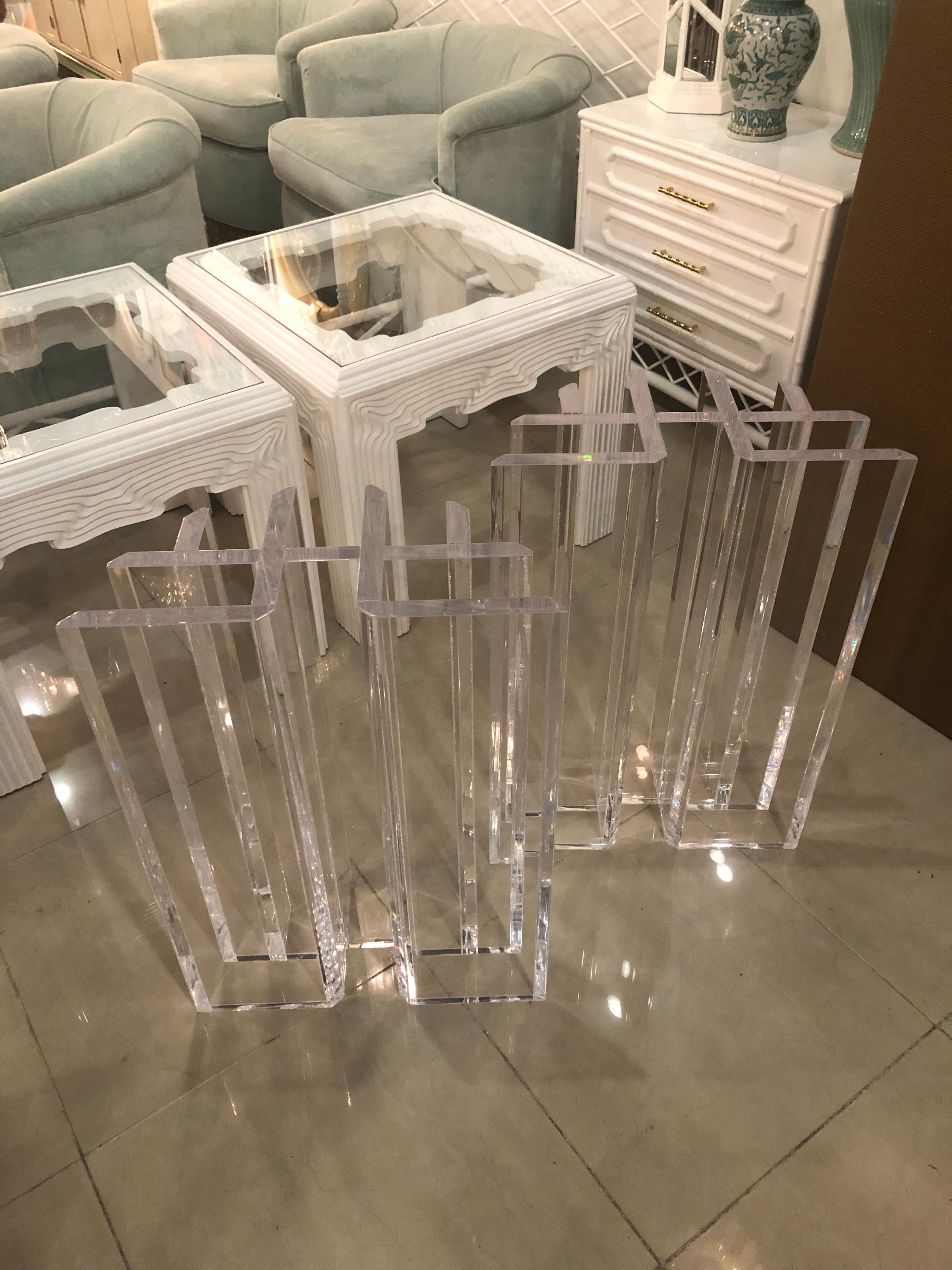 Lovely pair of vintage radiator geometric style Lucite dining table or desk bases. I have two pairs of these available. These can be used in a variety of ways including together for a round table, apart for a rectangular table or both pairs together