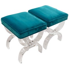 Vintage Pair of Lucite X-Benches Stools Blue Velvet Upholstery