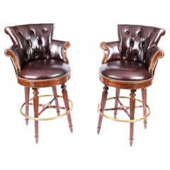 Vintage Pair of Mahogany Leather Bar Stools Ormolu Mounts, 20th C