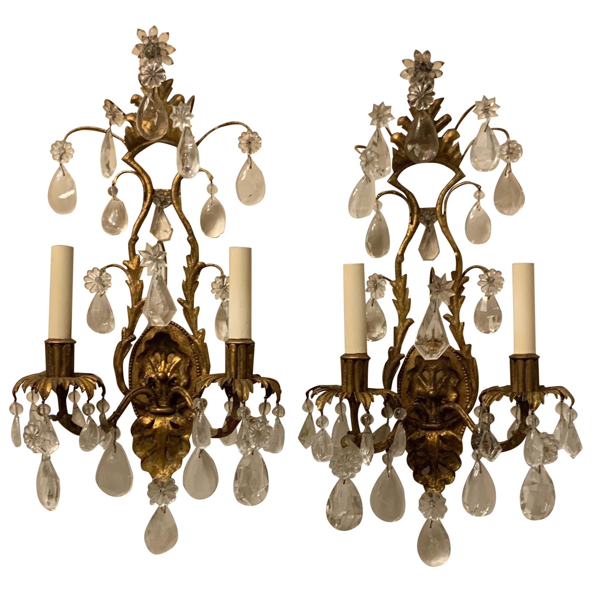 Vintage Pair of Maison Baguès Rock Crystal Gilt Tole Filigree Two-Light Sconces