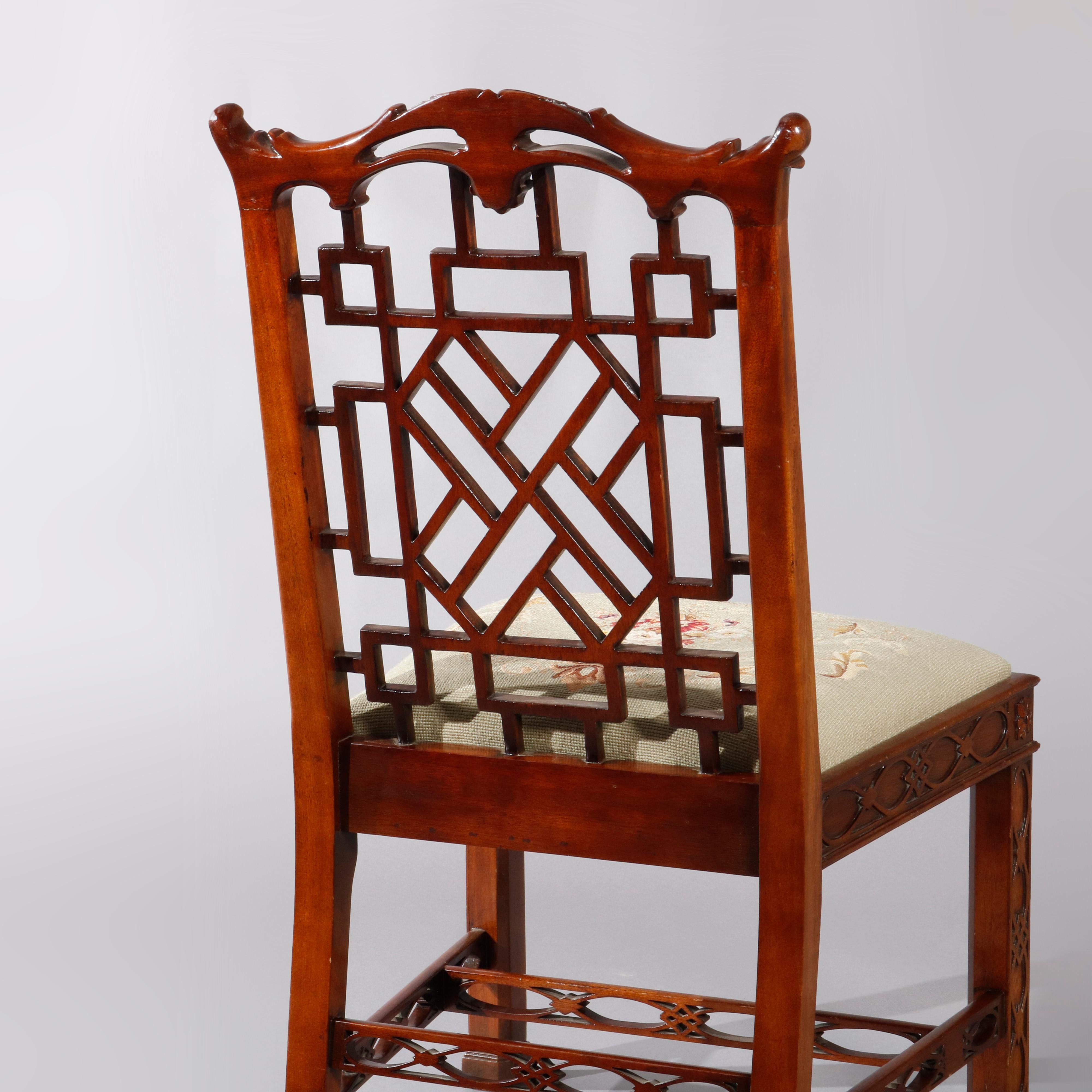 Upholstery Pair of Maitland Smith Mahogany Chinese Chippendale Side Chairs, circa 1940