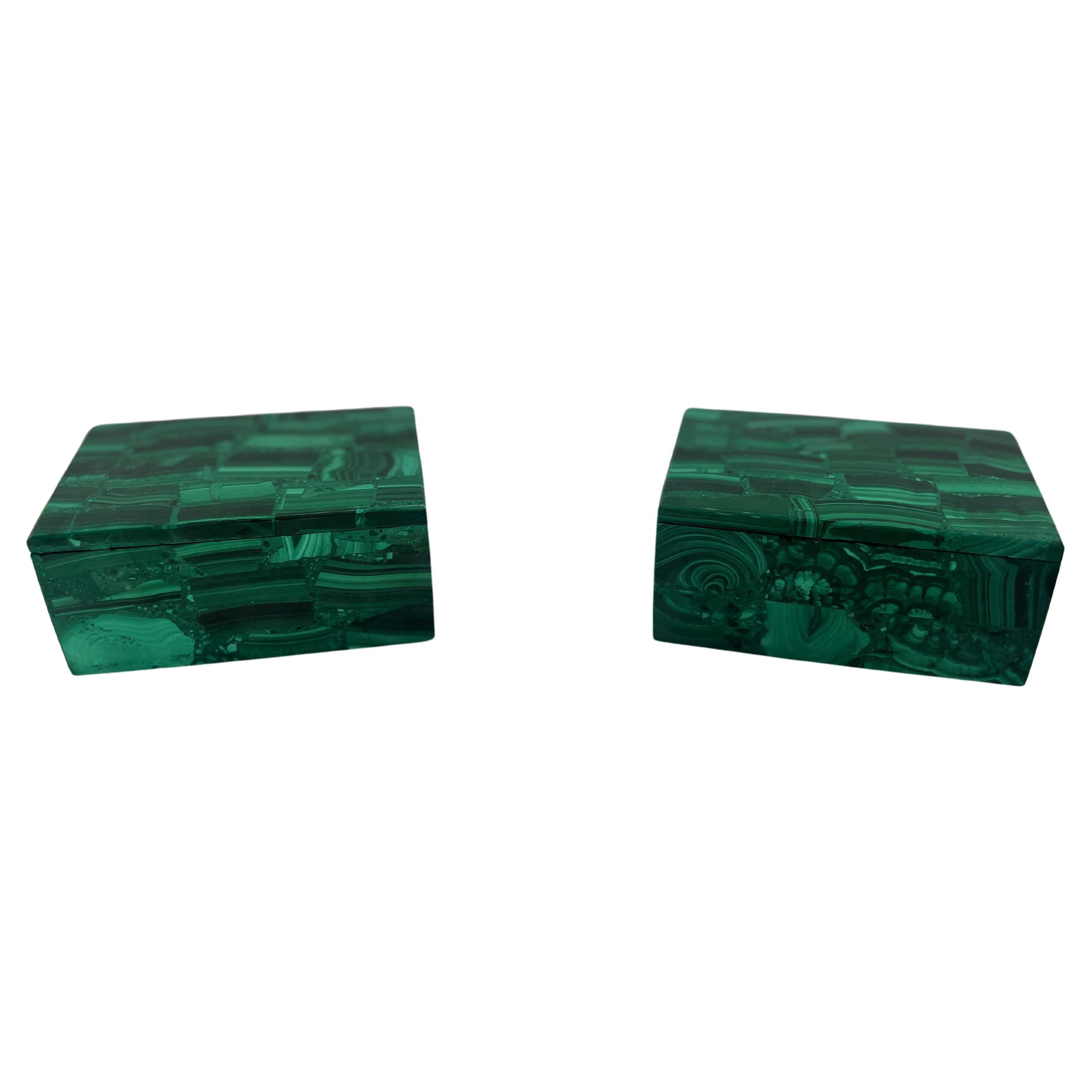 Pareja vintage de cajas con tapa de piedras preciosas de malaquita