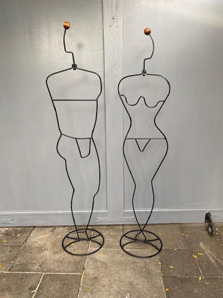 Pair of Male and Female Metal Mannequins Hat and Coat Stands by