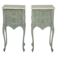 Vintage Pair of Mandel Brothers Hand-Carved and Painted Two-Drawer Bedside Table