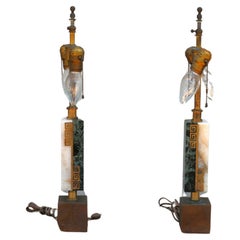 Vintage Pair of Marble and Brass Table Lamps