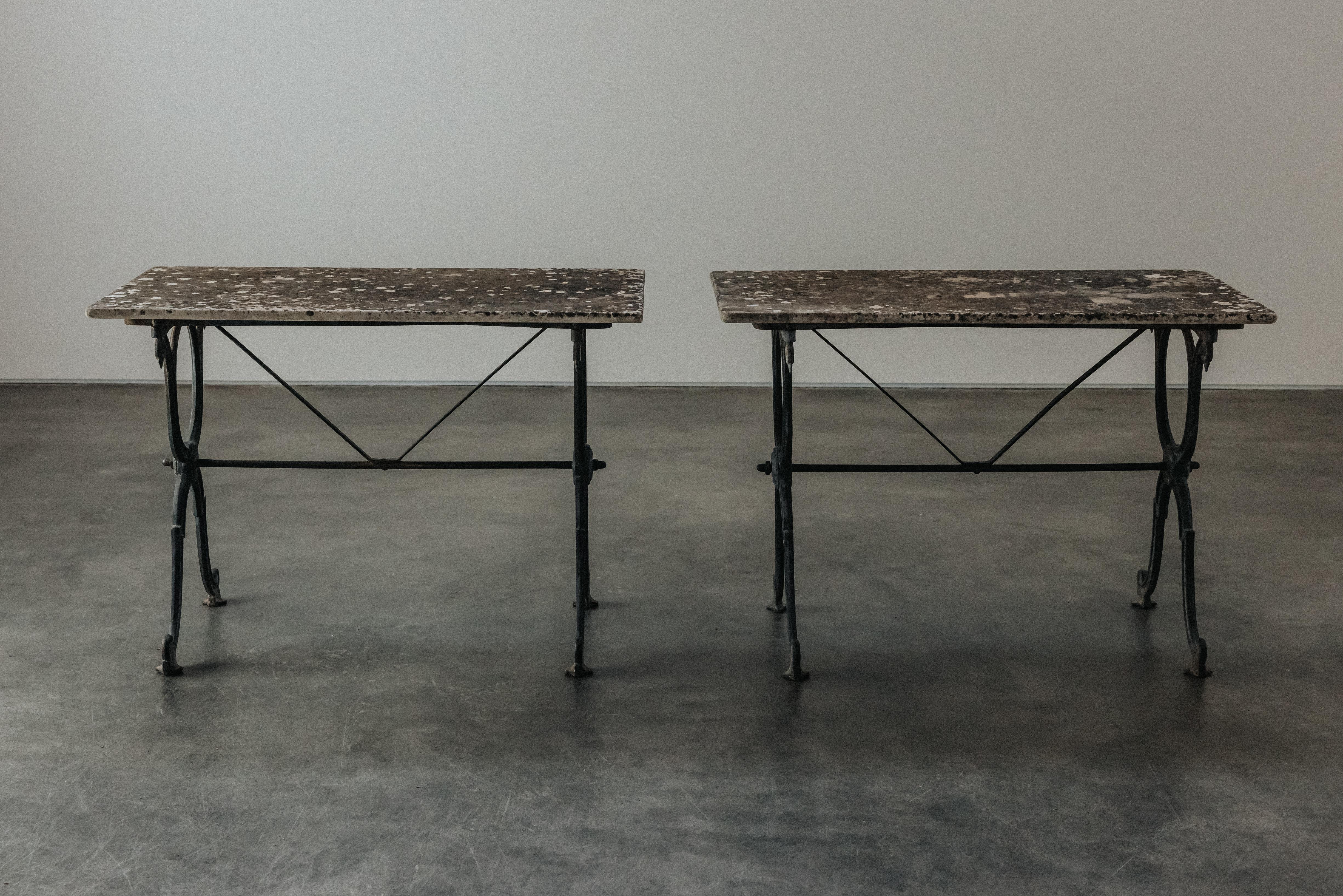 Vintage Pair Of Marble and Iron Garden Tables From France, Circa 1940 1