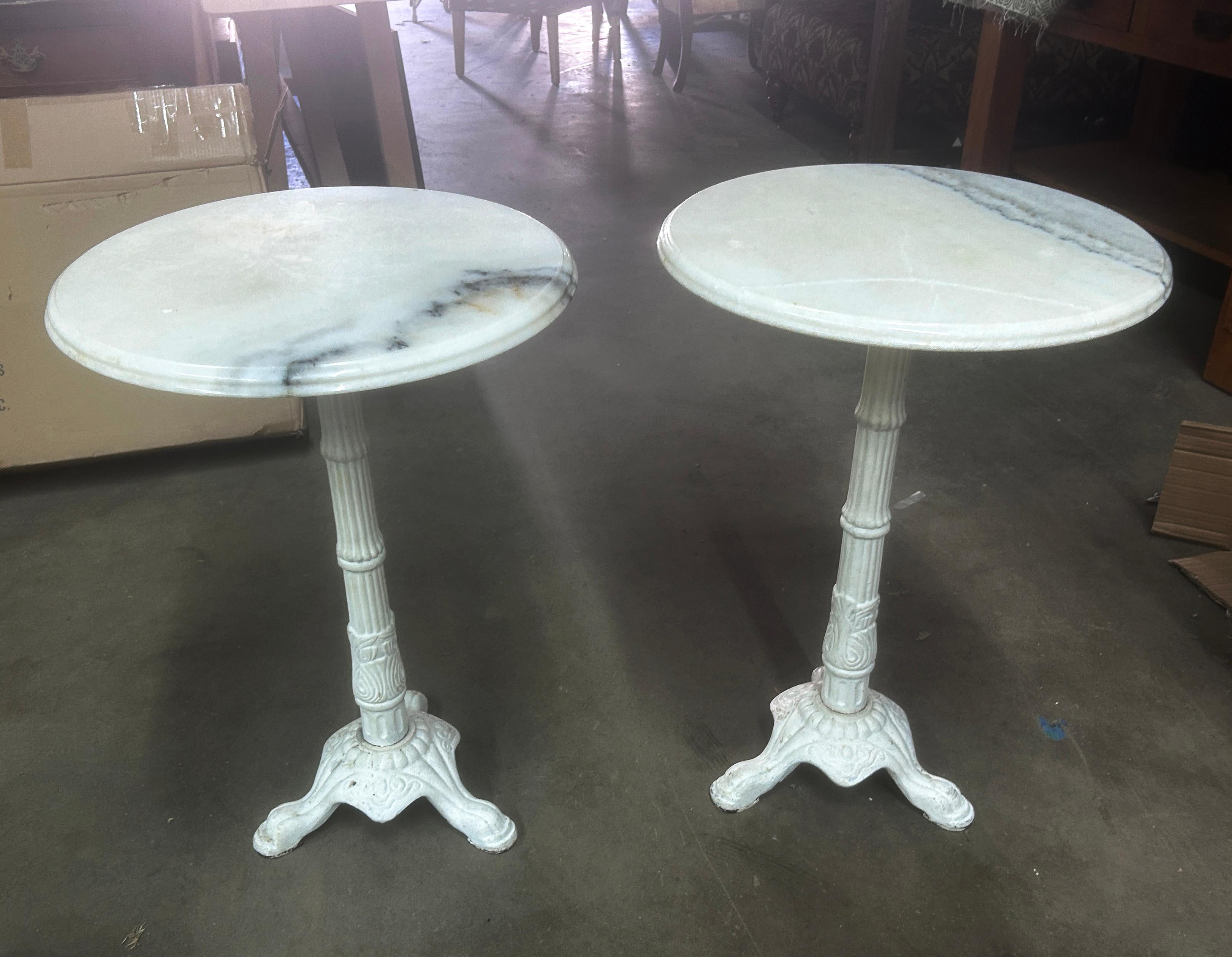 20th Century Vintage Pair of Marble & Cast Iron Pedestal End Tables For Sale