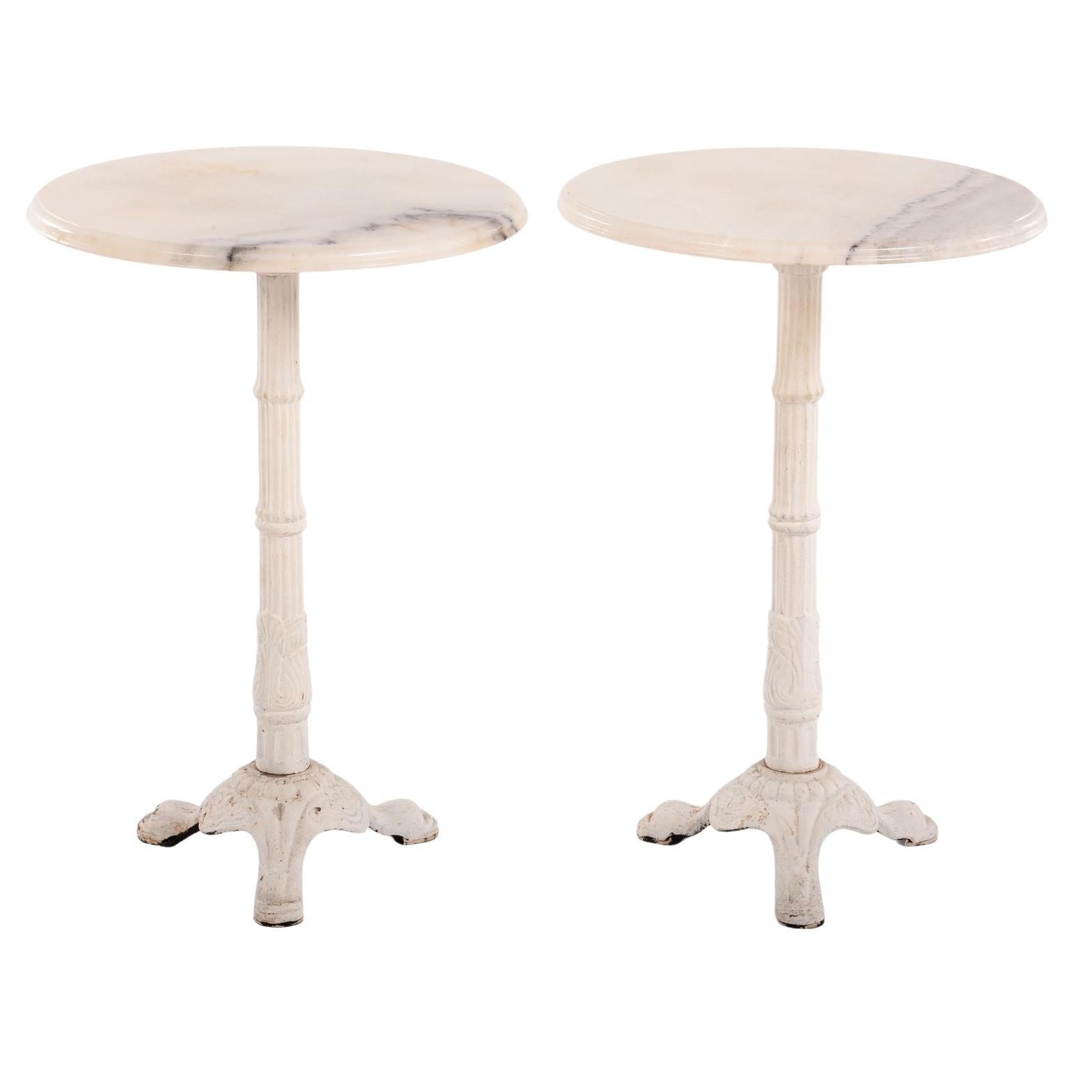 Vintage Pair of Marble & Cast Iron Pedestal End Tables For Sale