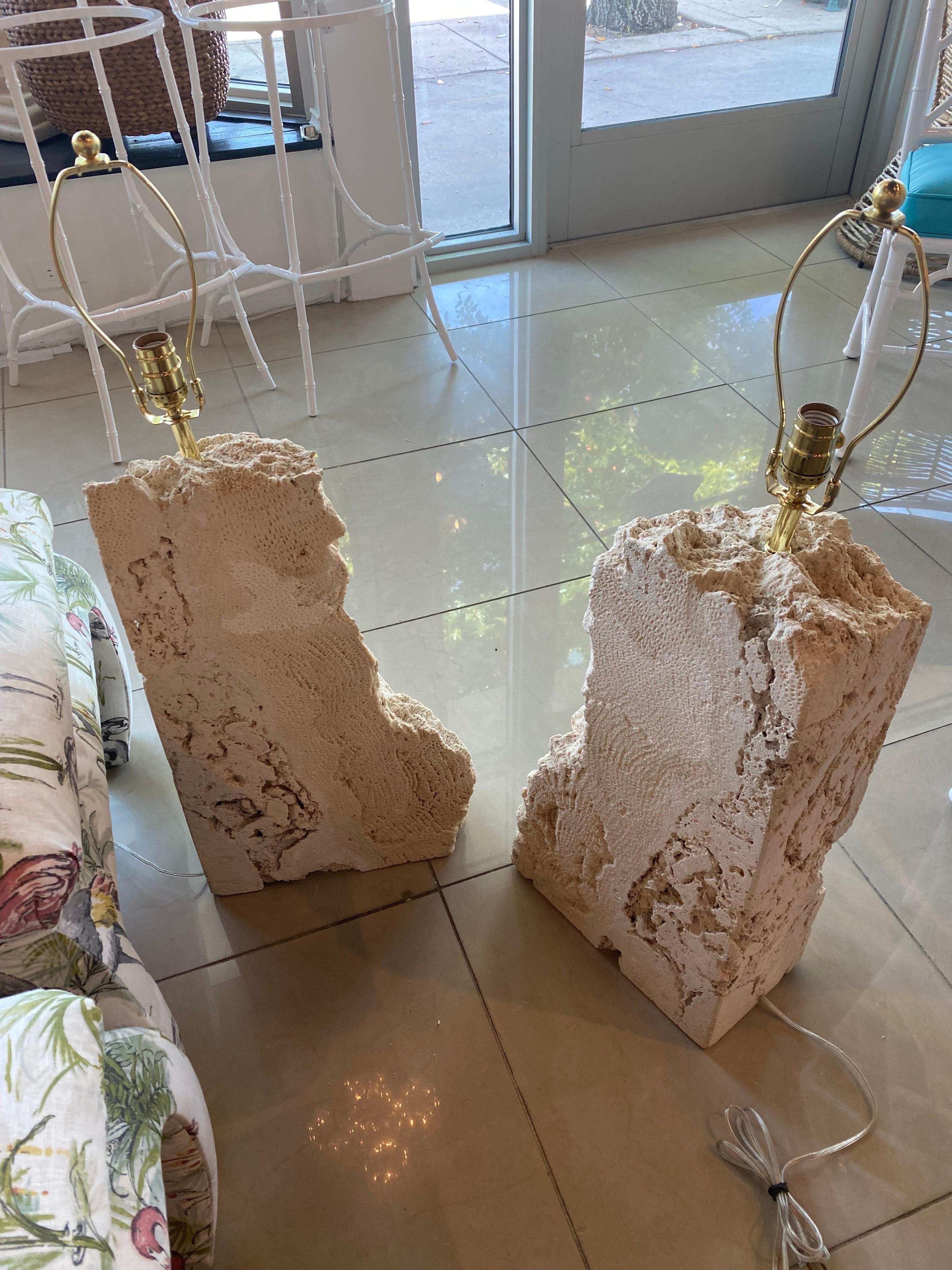 Vintage Pair of Massive Coquina Coral Shell Stone Table Lamps Newly Wired For Sale 10