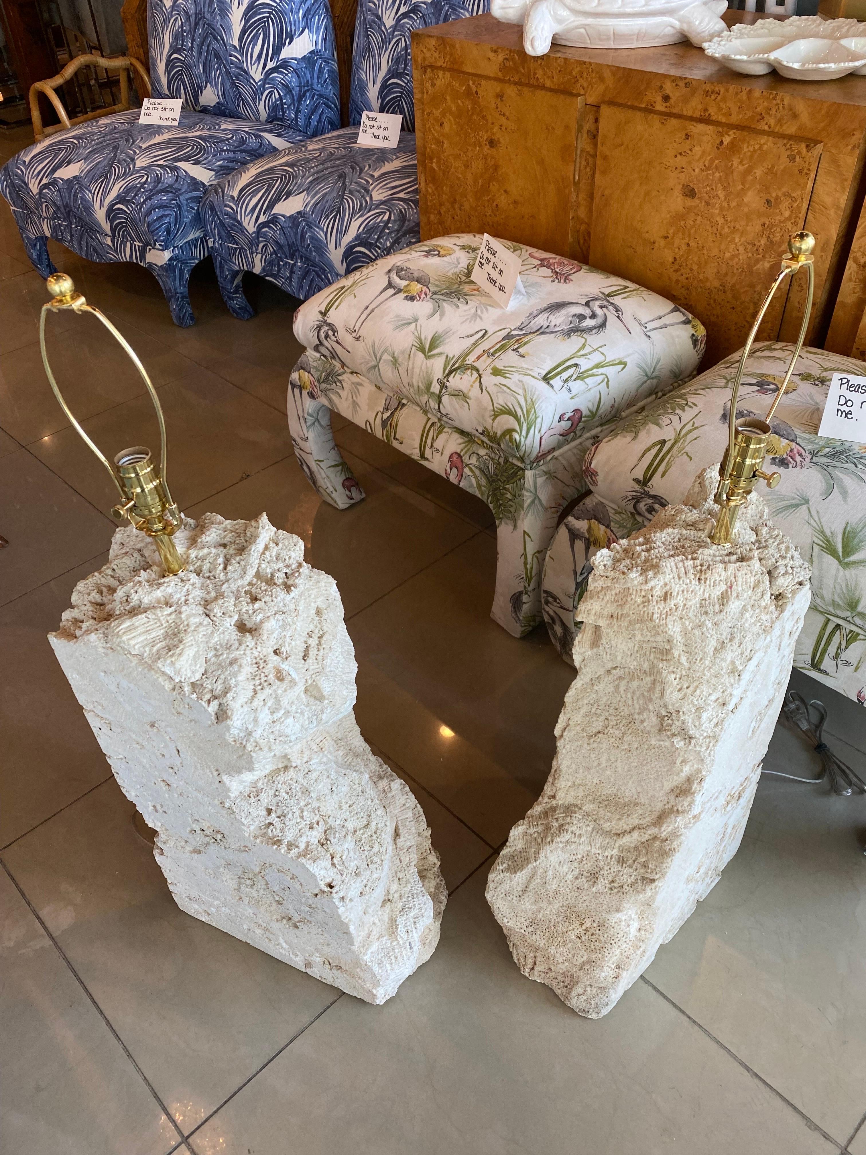 Vintage Pair of Massive Coquina Coral Shell Stone Table Lamps Newly Wired For Sale 11