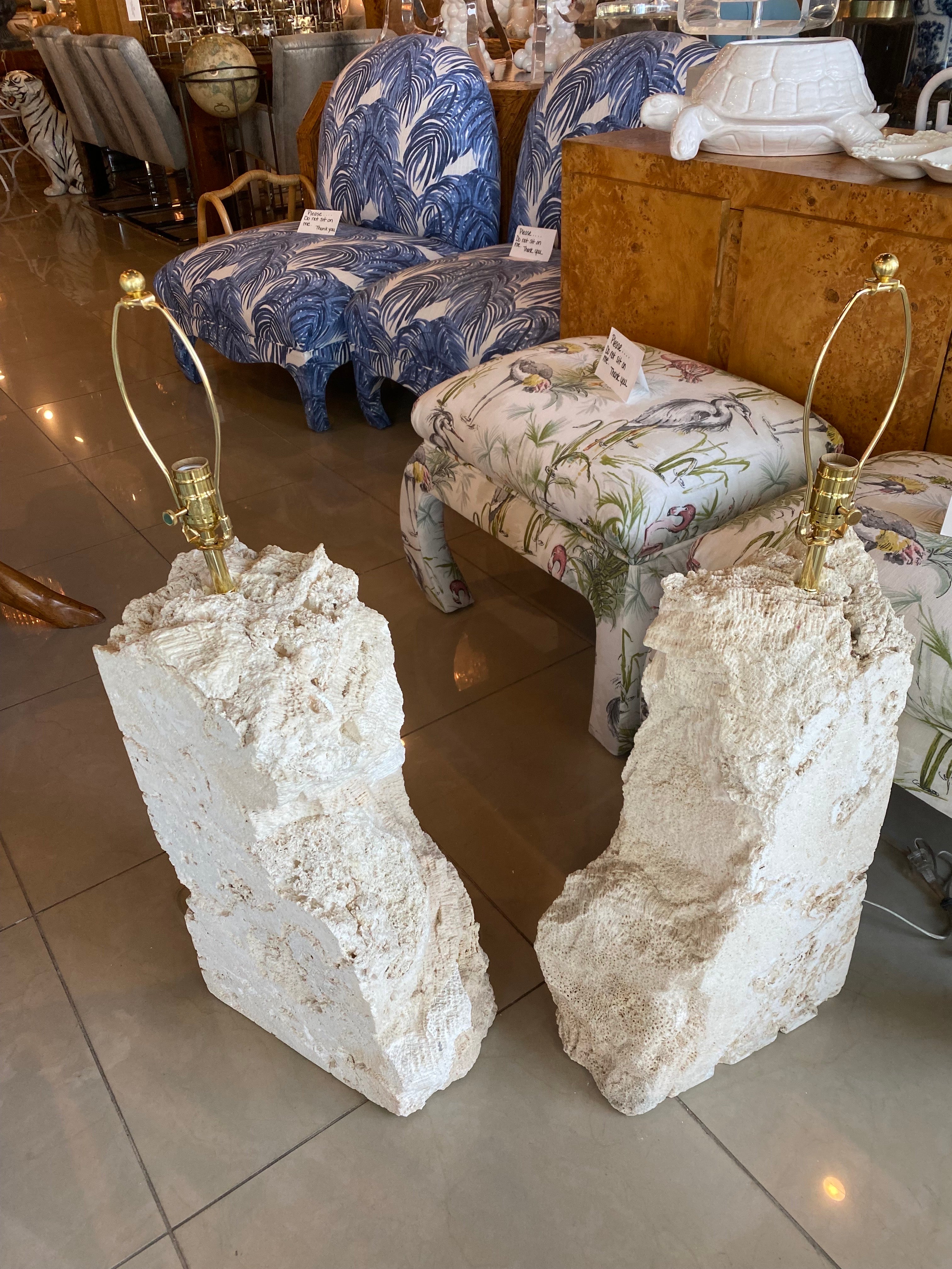 Mid-Century Modern Vintage Pair of Massive Coquina Coral Shell Stone Table Lamps Newly Wired For Sale