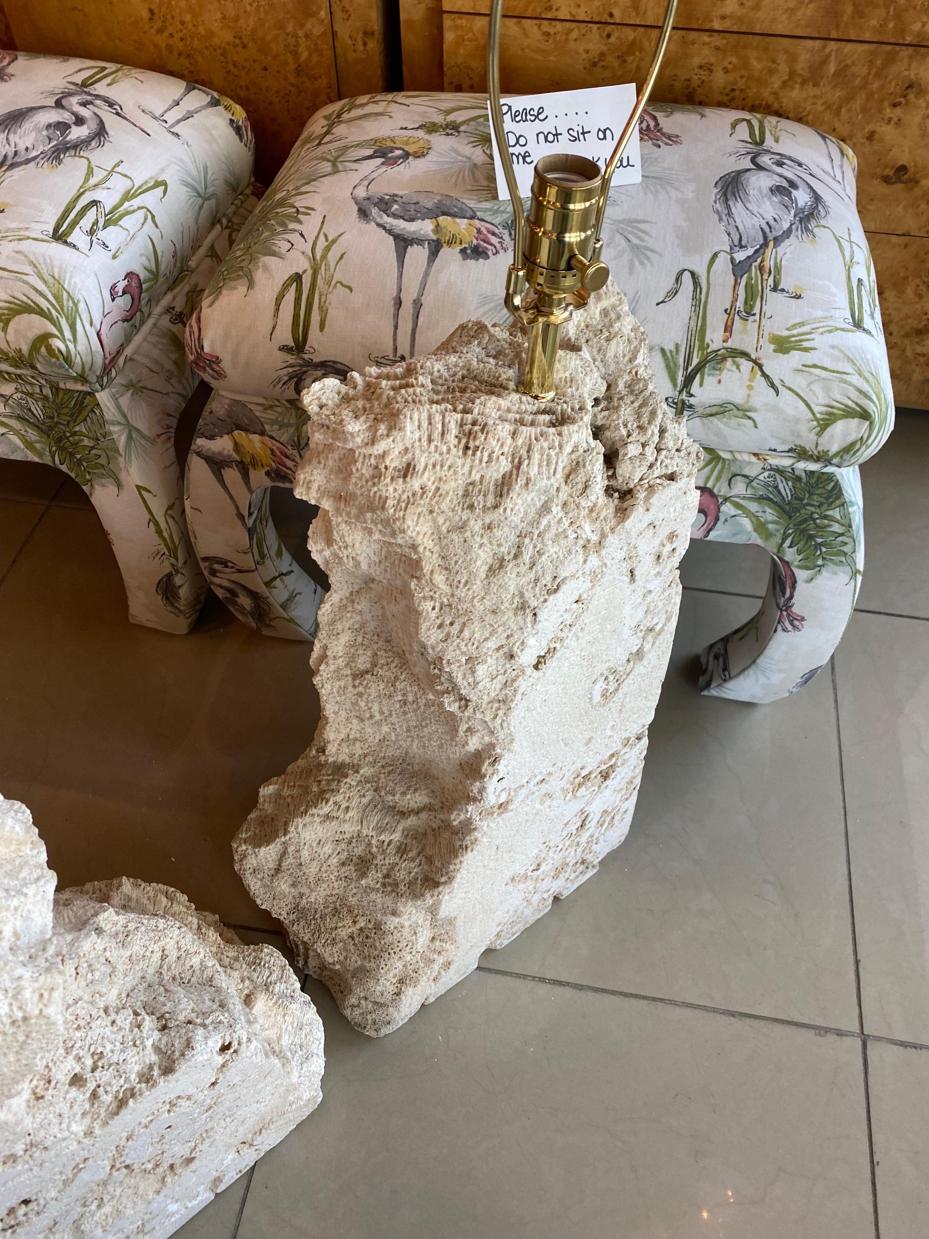 Late 20th Century Vintage Pair of Massive Coquina Coral Shell Stone Table Lamps Newly Wired For Sale