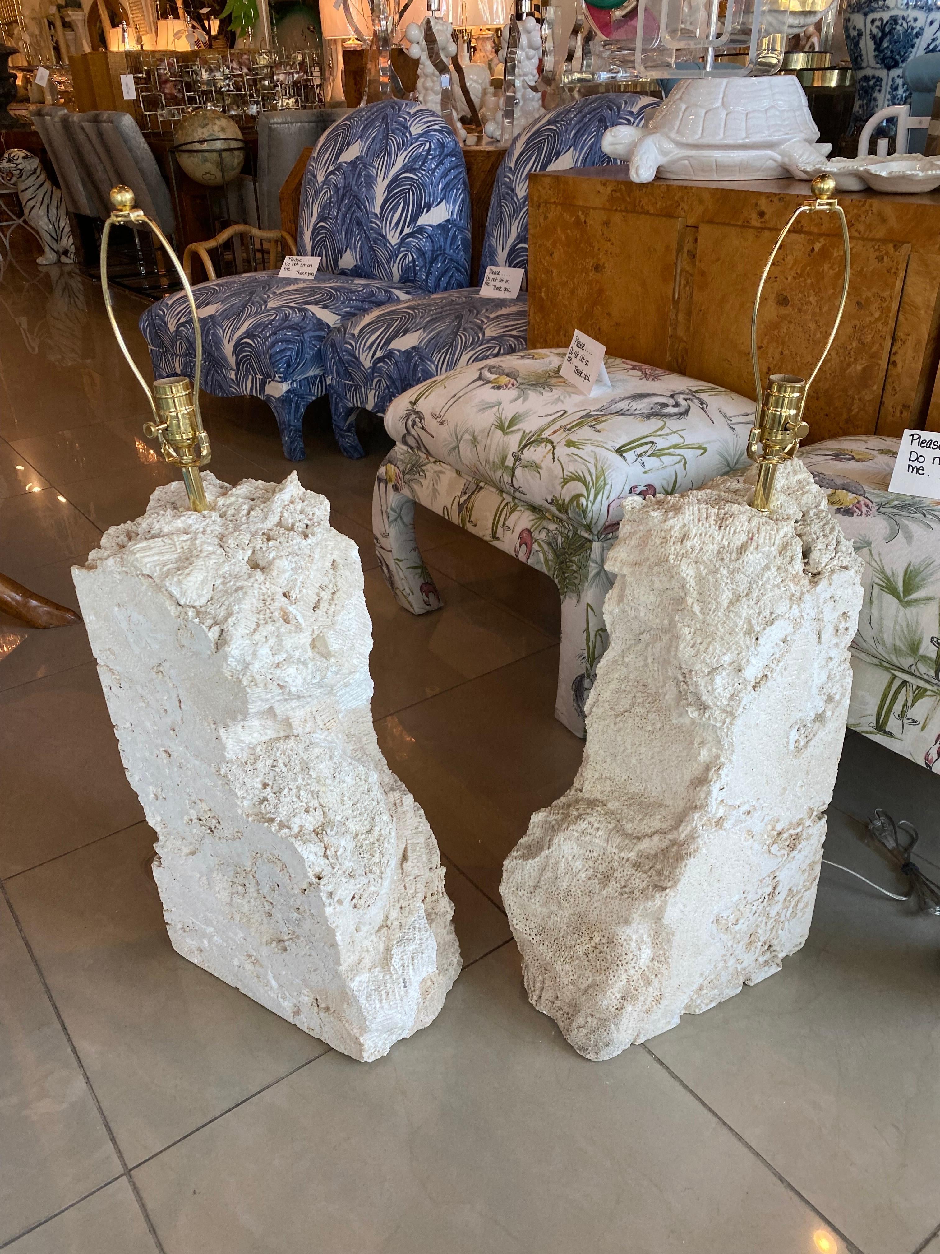 Vintage Pair of Massive Coquina Coral Shell Stone Table Lamps Newly Wired For Sale 1