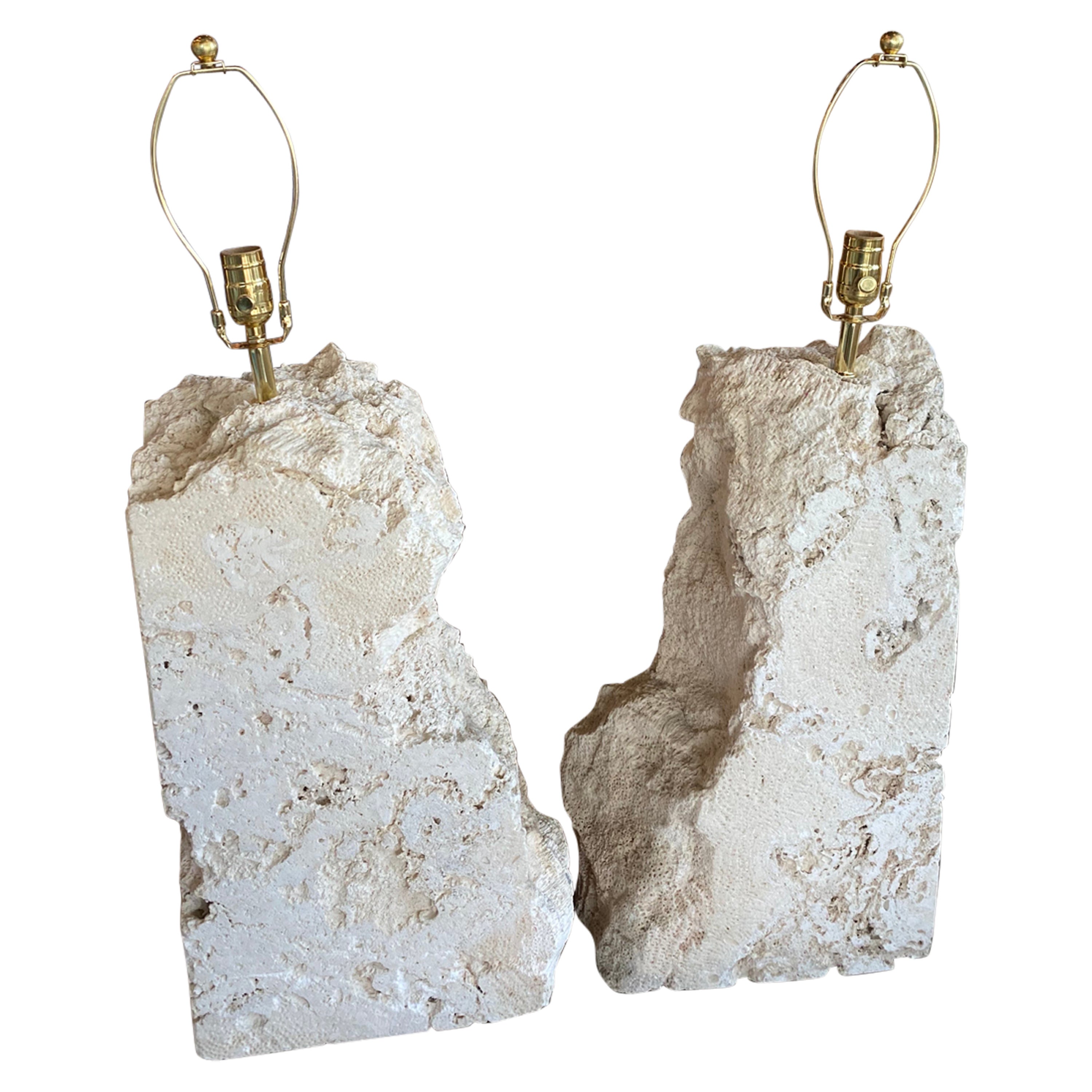 Vintage Pair of Massive Coquina Coral Shell Stone Table Lamps Newly Wired