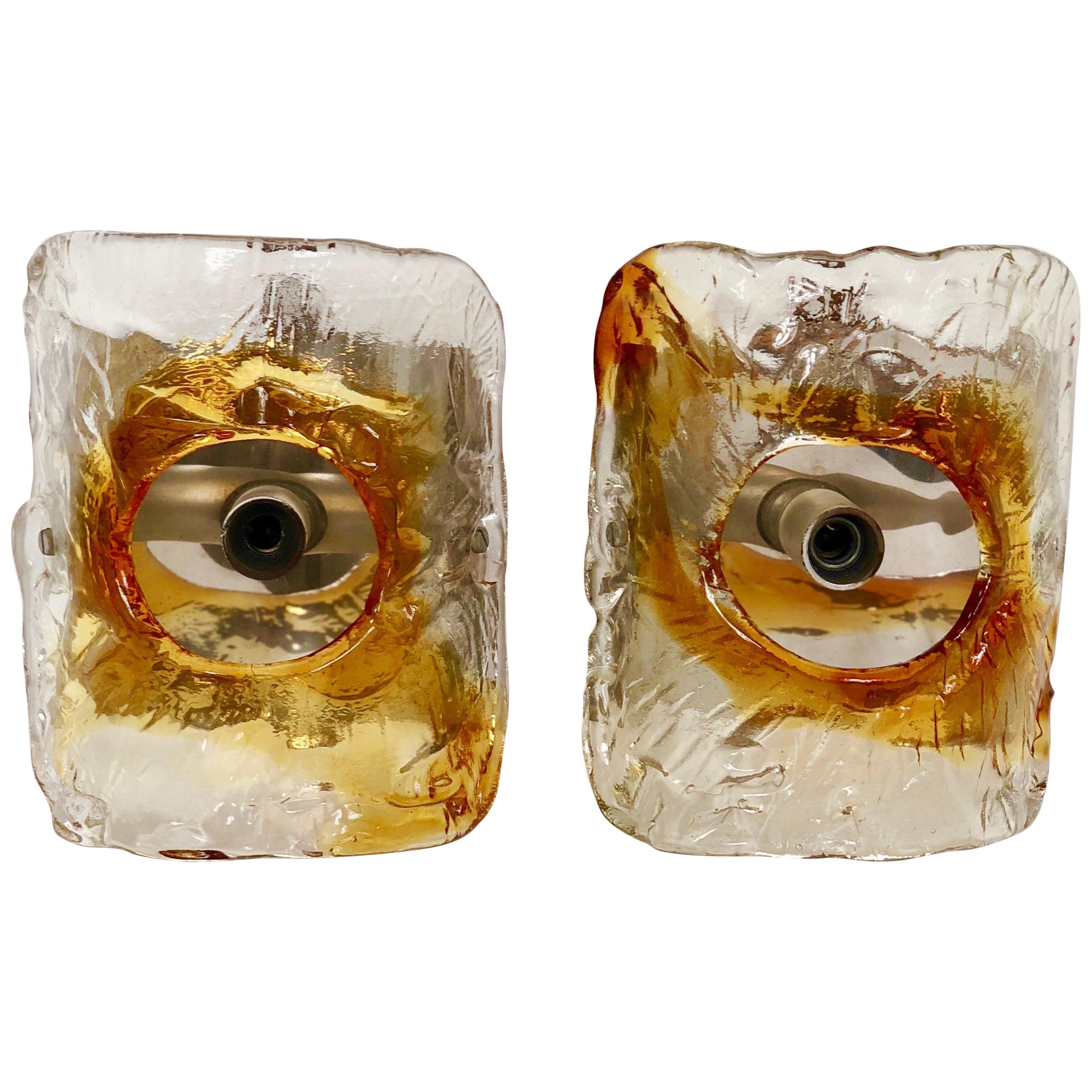 Vintage Pair of Mazzega Amber Murano Glass Wall Sconces, Italy, 1970s