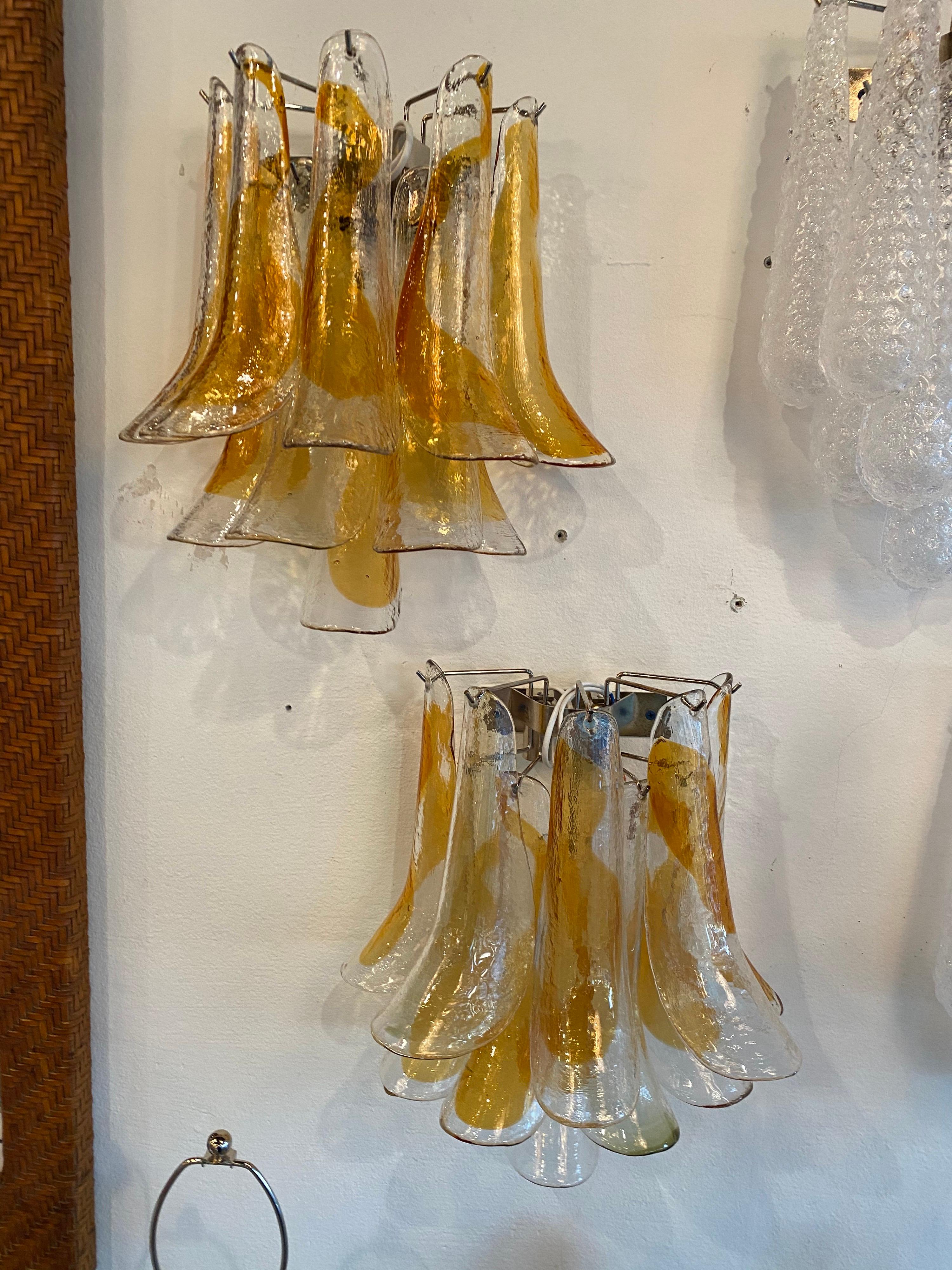 Vintage Pair of Mazzega Murano Glass Amber Feather Shoehorn Wall Lights Sconces  For Sale 4