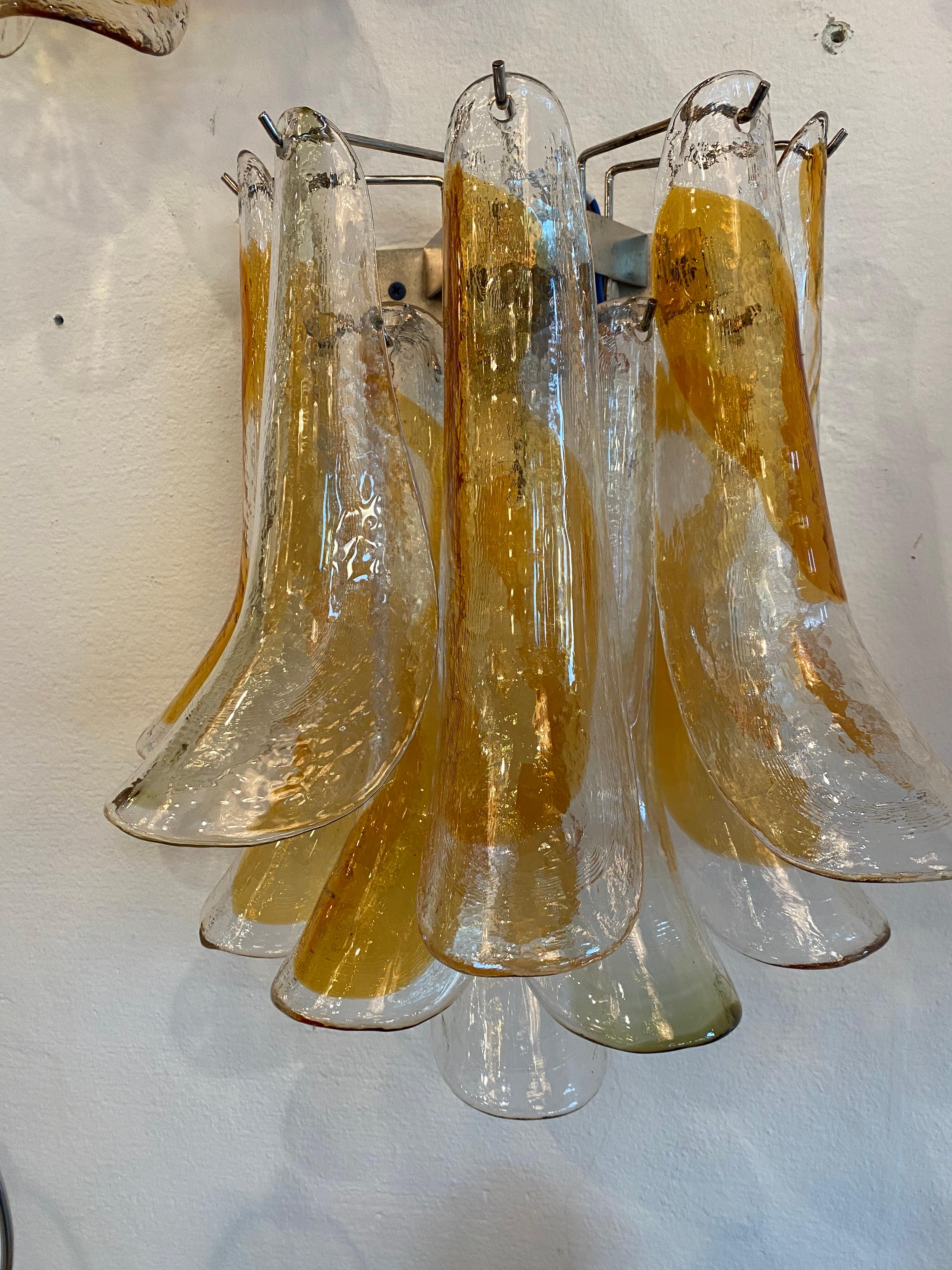 Vintage Pair of Mazzega Murano Glass Amber Feather Shoehorn Wall Lights Sconces  For Sale 5