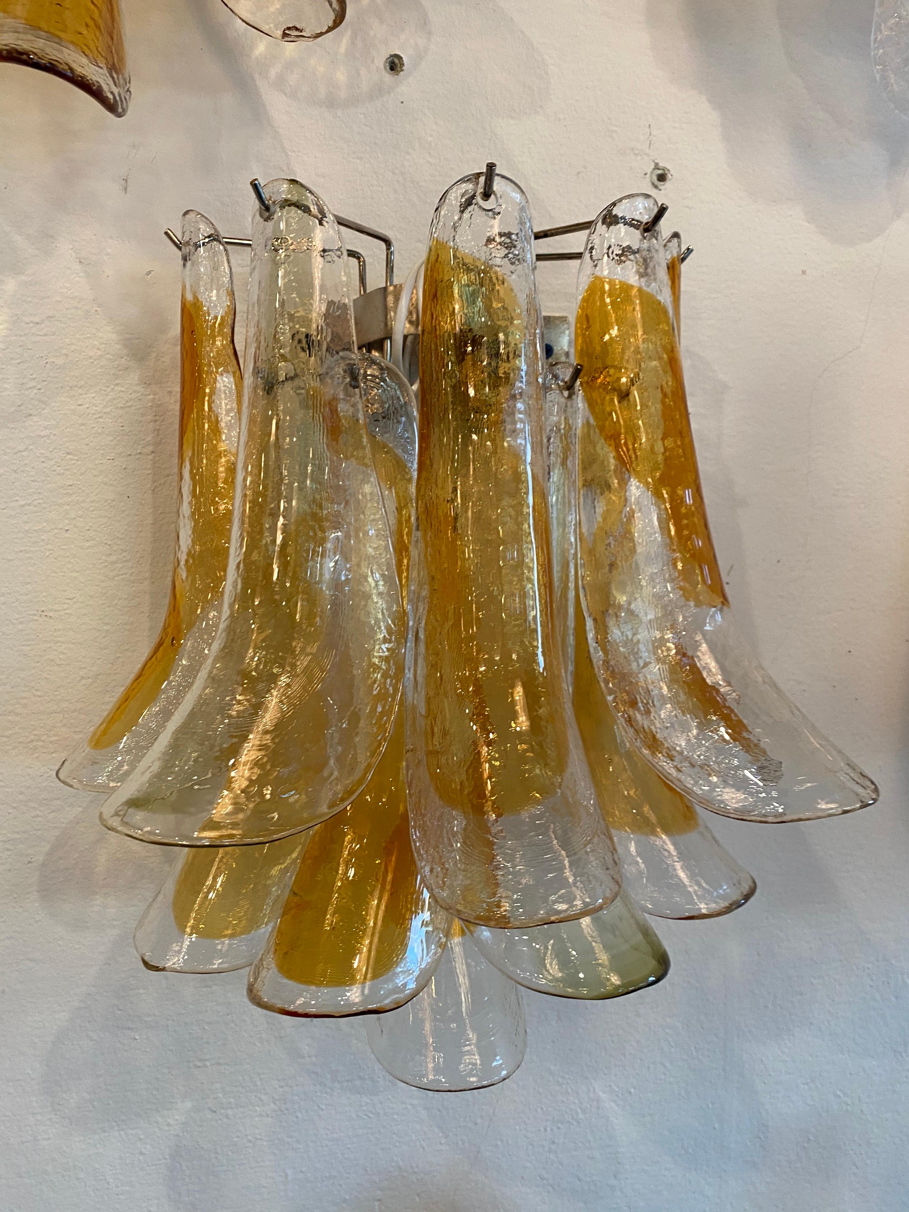 Vintage Pair of Mazzega Murano Glass Amber Feather Shoehorn Wall Lights Sconces  For Sale 6