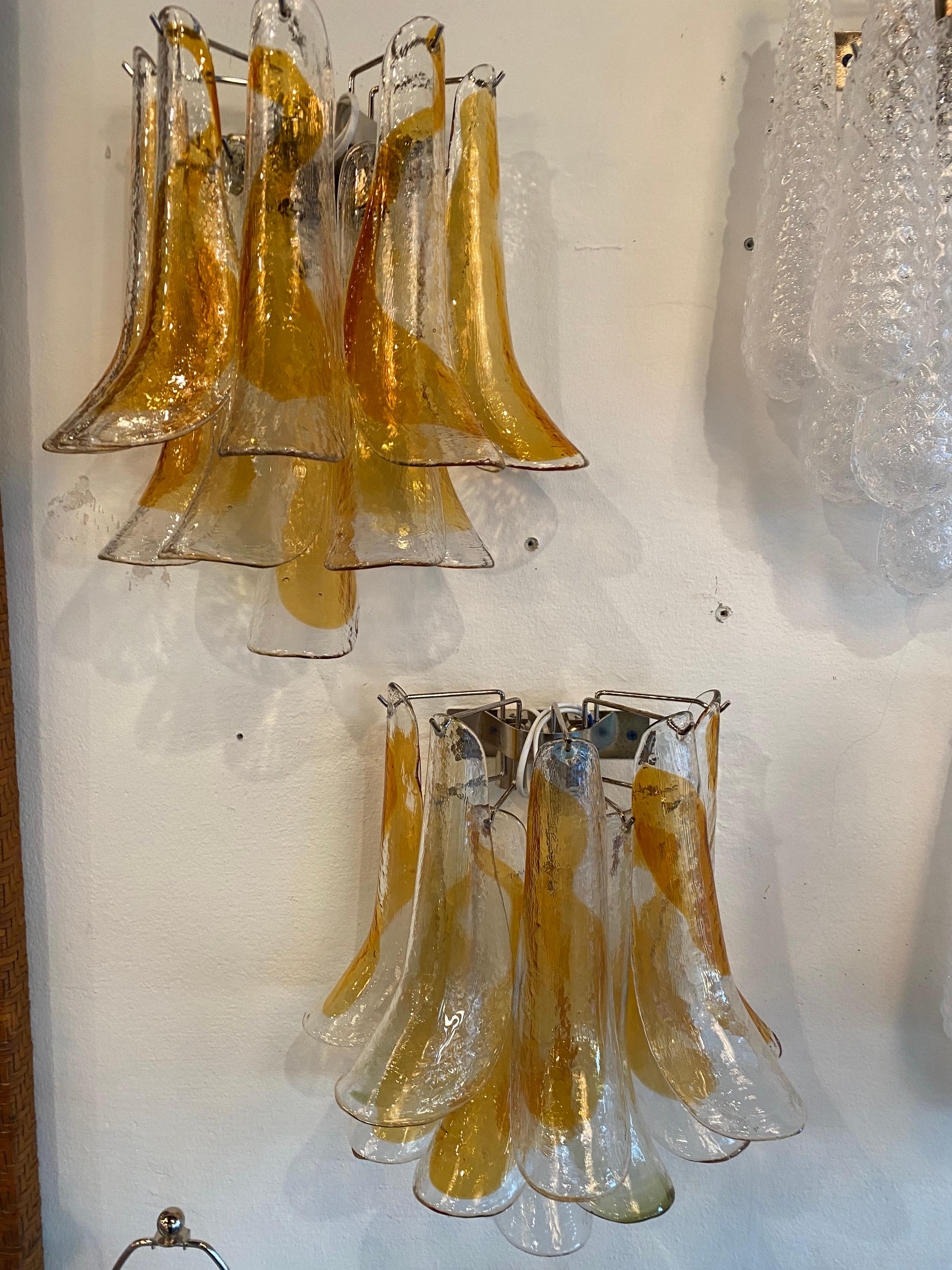 Vintage Pair of Mazzega Murano Glass Amber Feather Shoehorn Wall Lights Sconces  For Sale 7