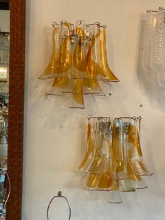 Vintage Pair of Mazzega Murano Glass Amber Feather Shoehorn Wall Lights Sconces
