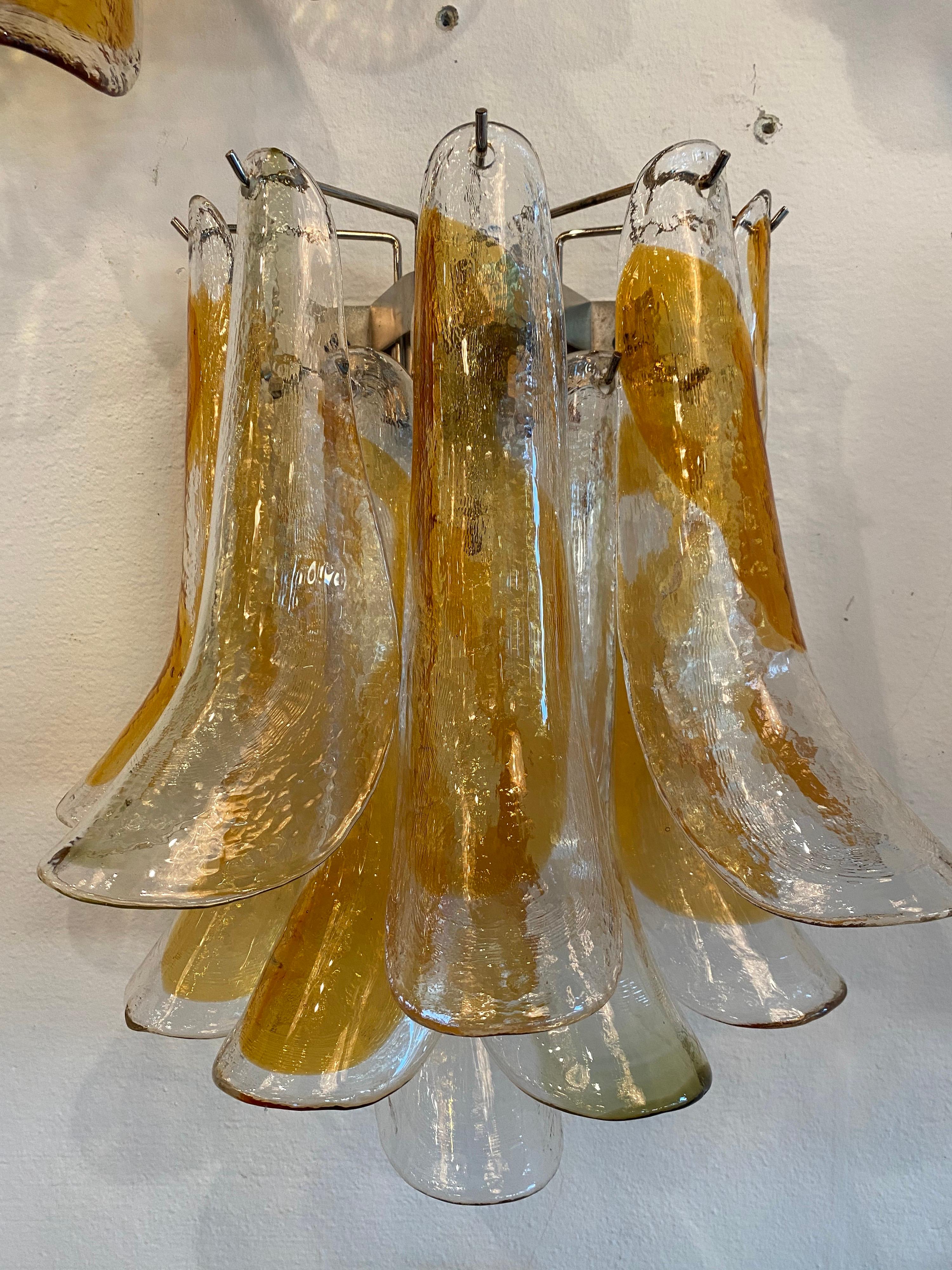 Mid-Century Modern Vintage Pair of Mazzega Murano Glass Amber Feather Shoehorn Wall Lights Sconces  For Sale