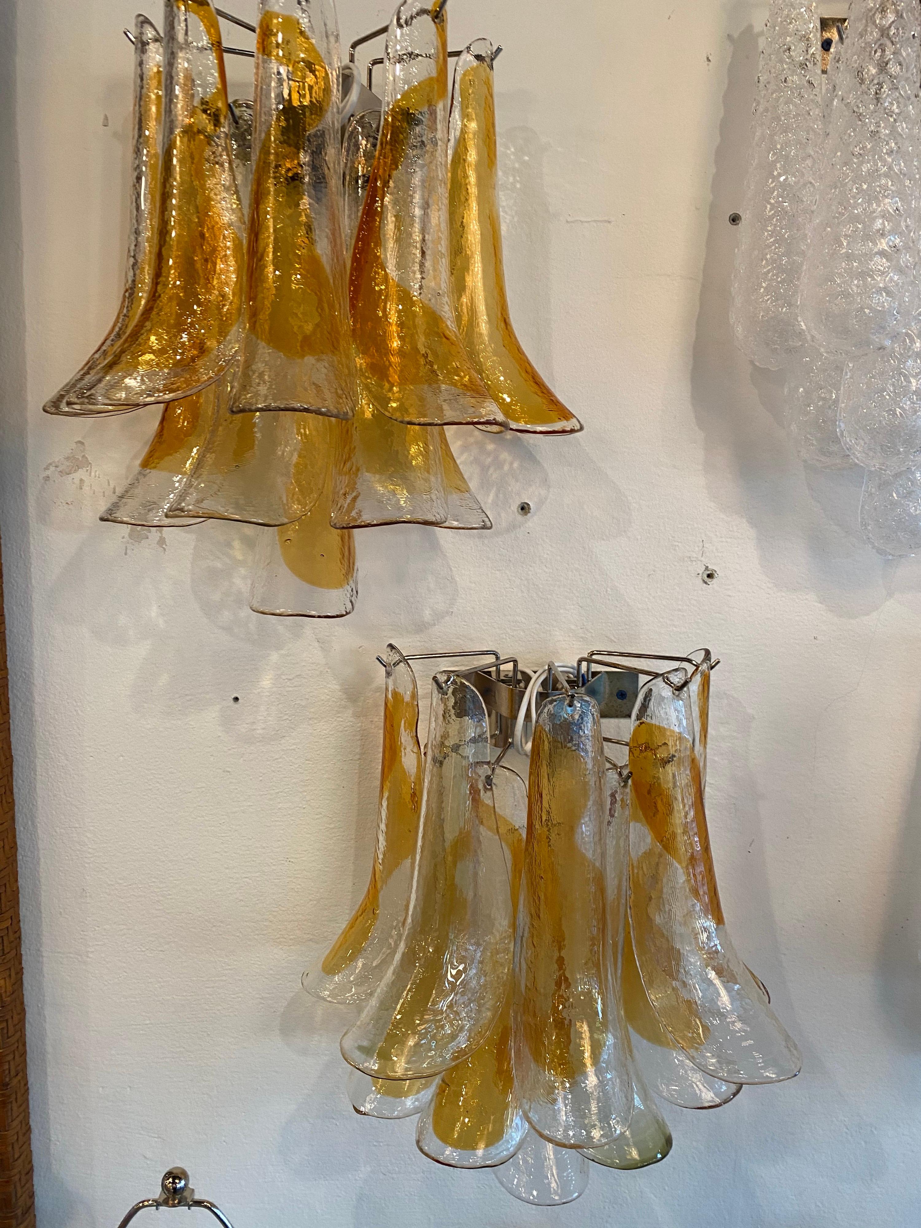 Vintage Pair of Mazzega Murano Glass Amber Feather Shoehorn Wall Lights Sconces  For Sale 1