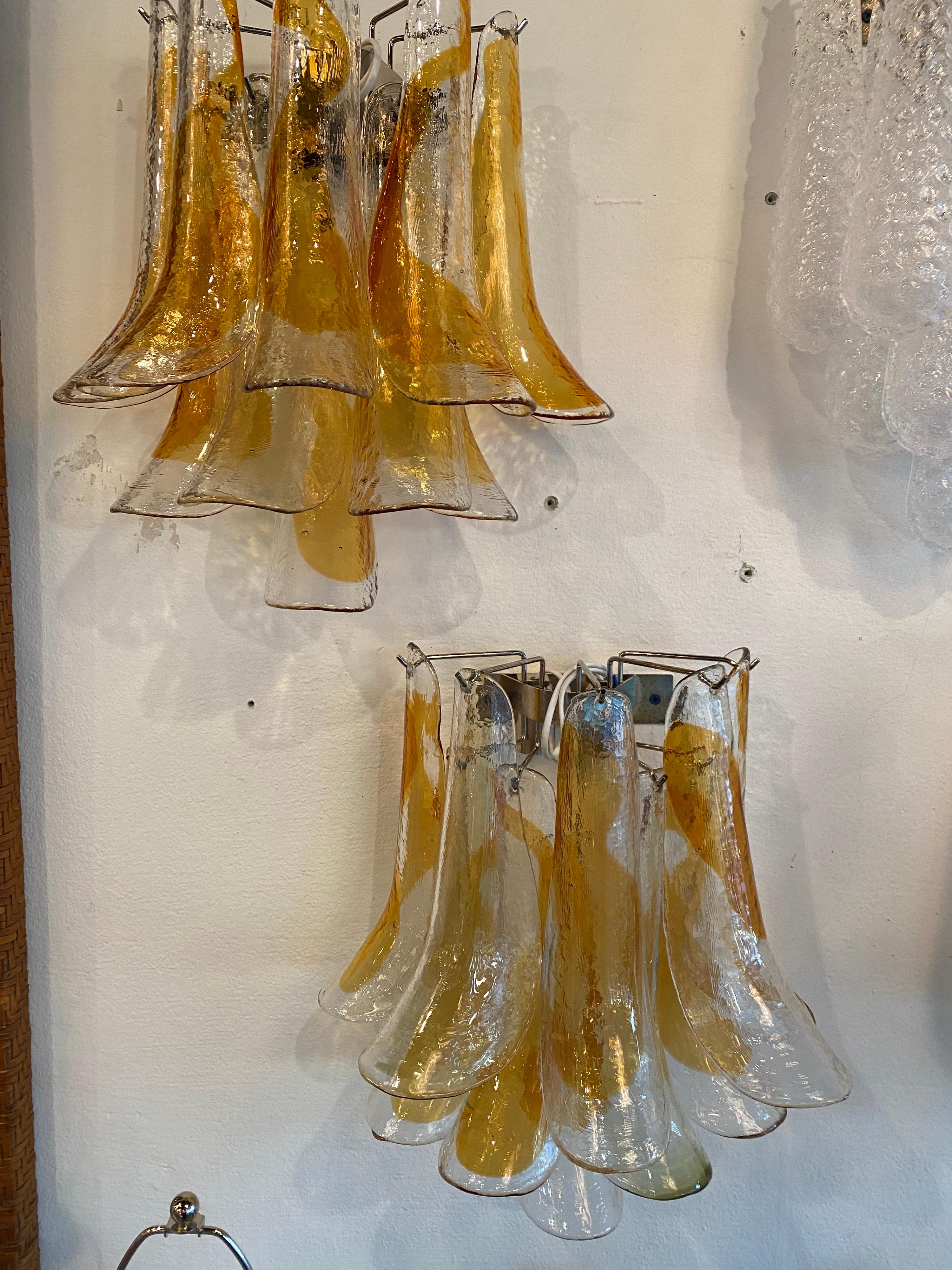 Vintage Pair of Mazzega Murano Glass Amber Feather Shoehorn Wall Lights Sconces  For Sale 2