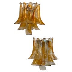 Vintage Pair of Mazzega Murano Glass Amber Feather Shoehorn Wall Lights Sconces