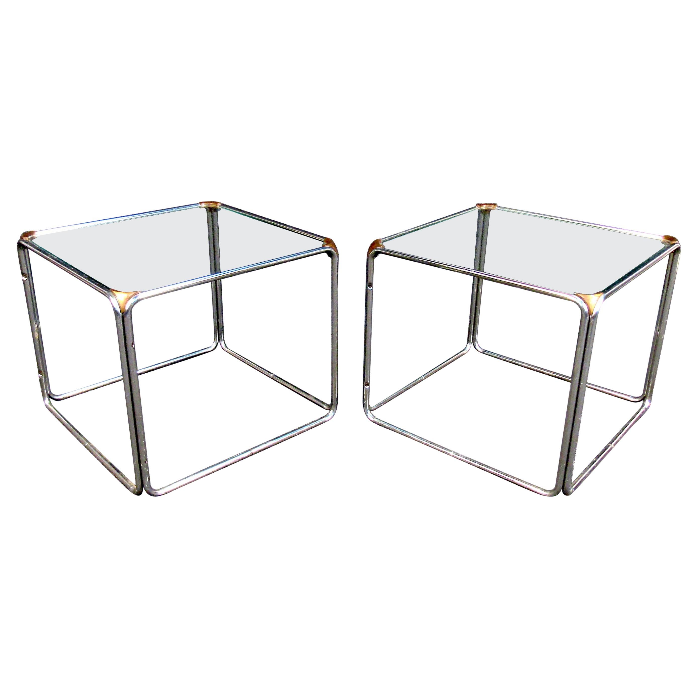 Vintage Pair of Metal and Glass Side Tables