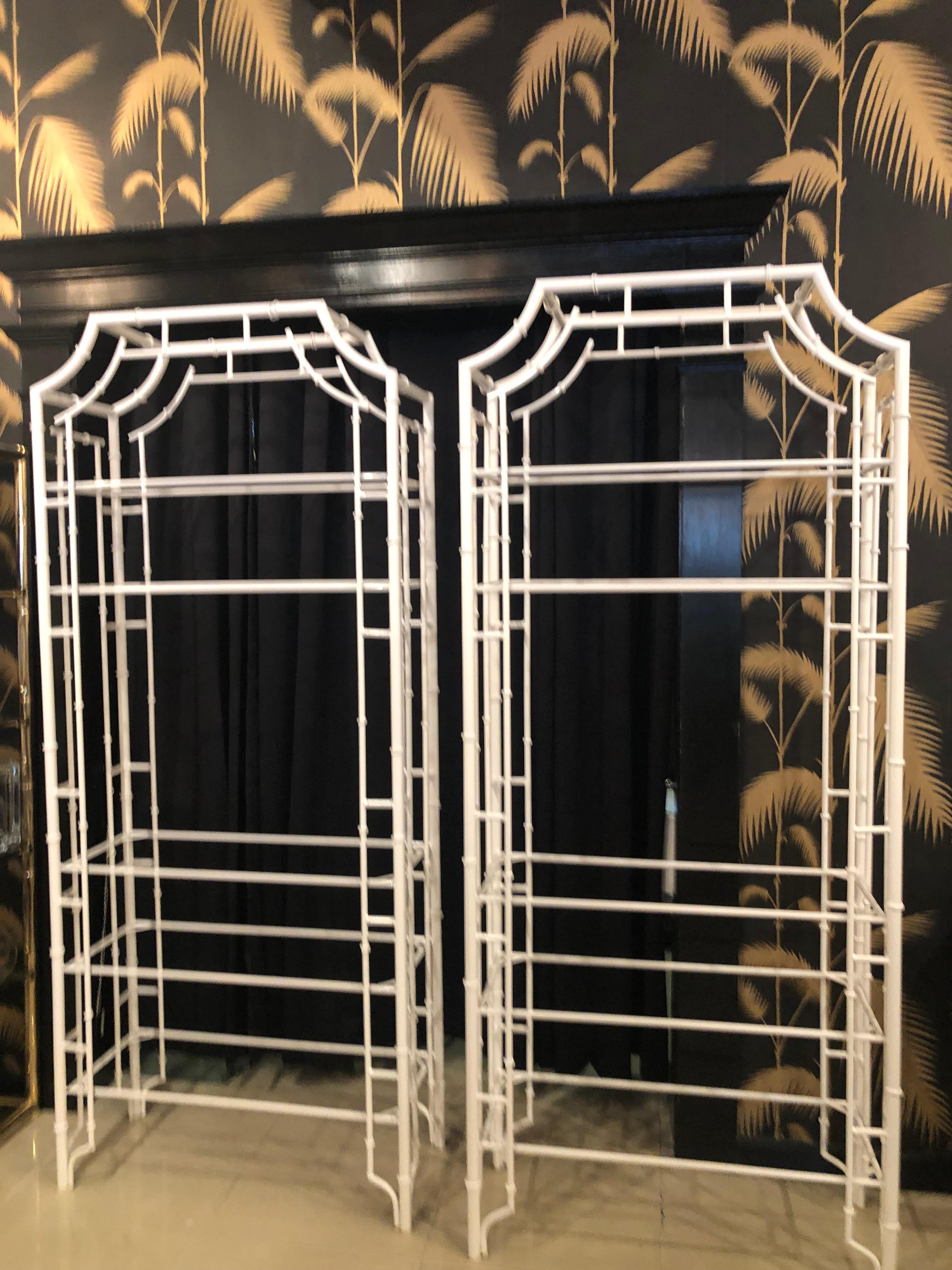 Chinoiserie Vintage Pair of Metal Faux Bamboo Pagoda Etageres Newly Powdercoated Shelves