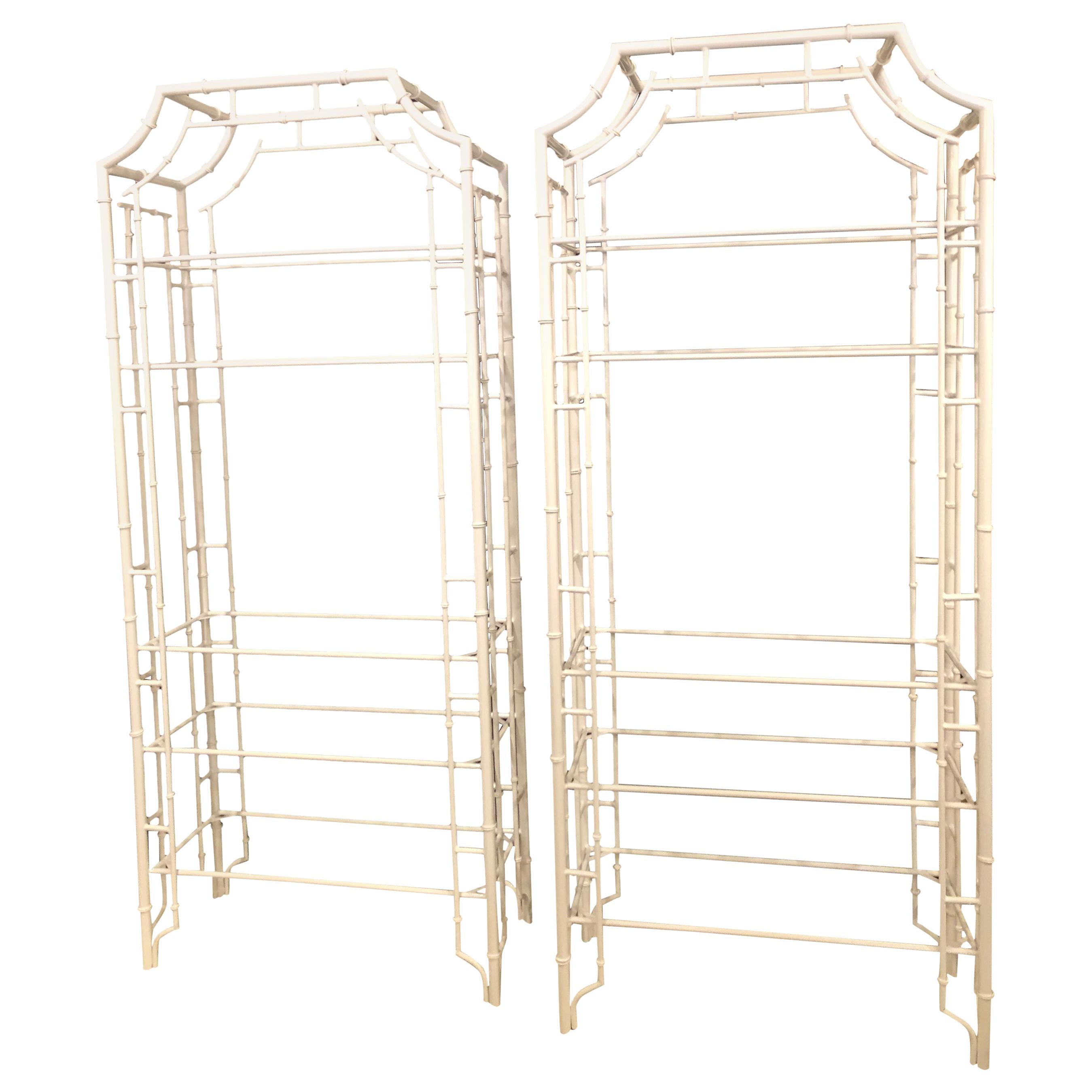 Vintage Pair of Metal Faux Bamboo Pagoda Etageres Newly Powdercoated Shelves