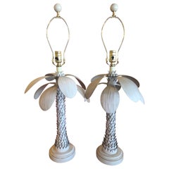 Vintage Pair of Metal Tole Palm Tree Leaf Frond Table Lamps