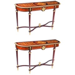 Vintage Pair of Meuble Français Marquetry Inlaid Console Tables, 20th Century