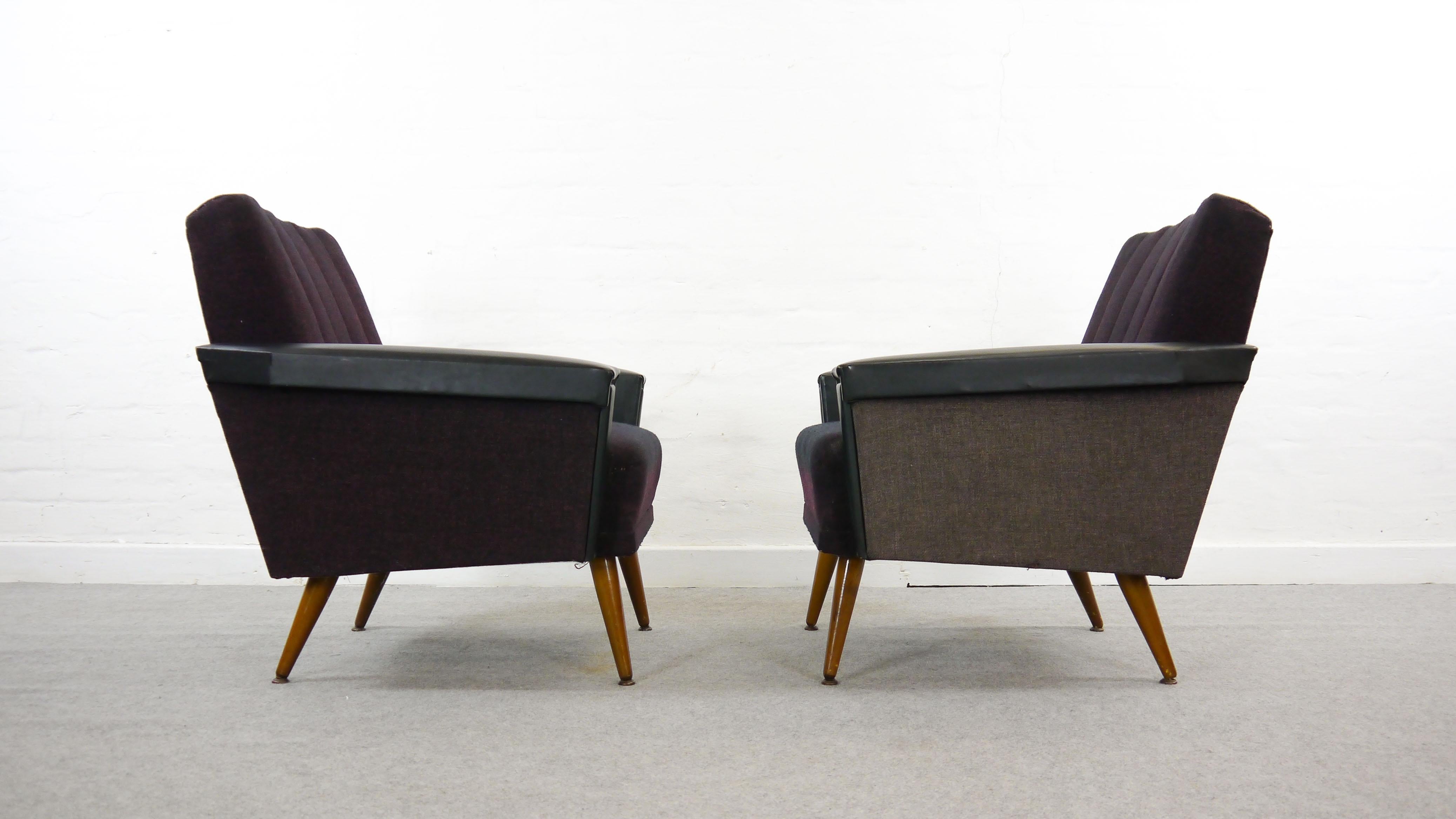 Mid-Century Modern Vintage Pair of Midcentury Cocktail Chairs or Club Chairs in Purple-Black, 1950s For Sale