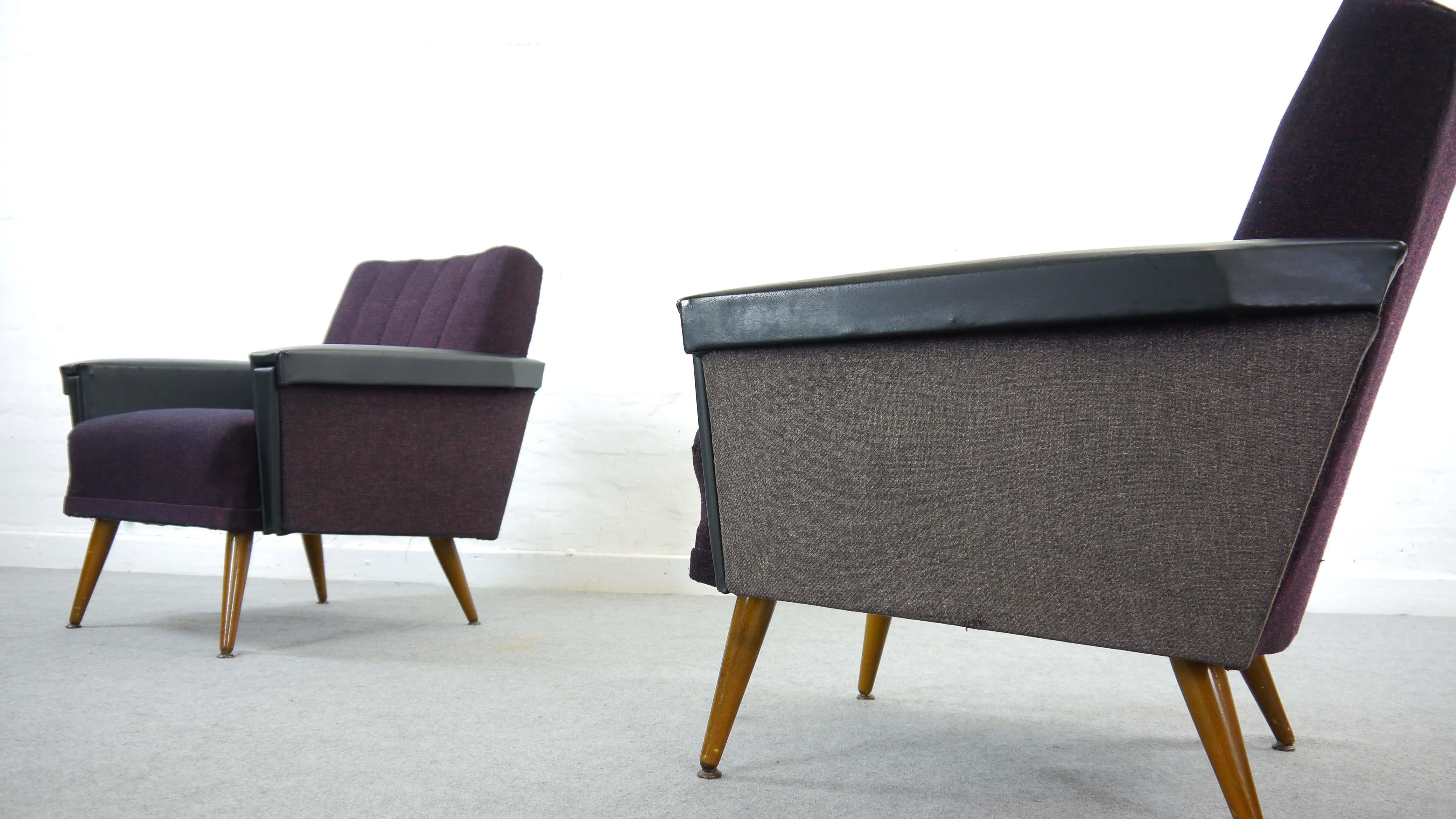 Mid-20th Century Vintage Pair of Midcentury Cocktail Chairs or Club Chairs in Purple-Black, 1950s For Sale