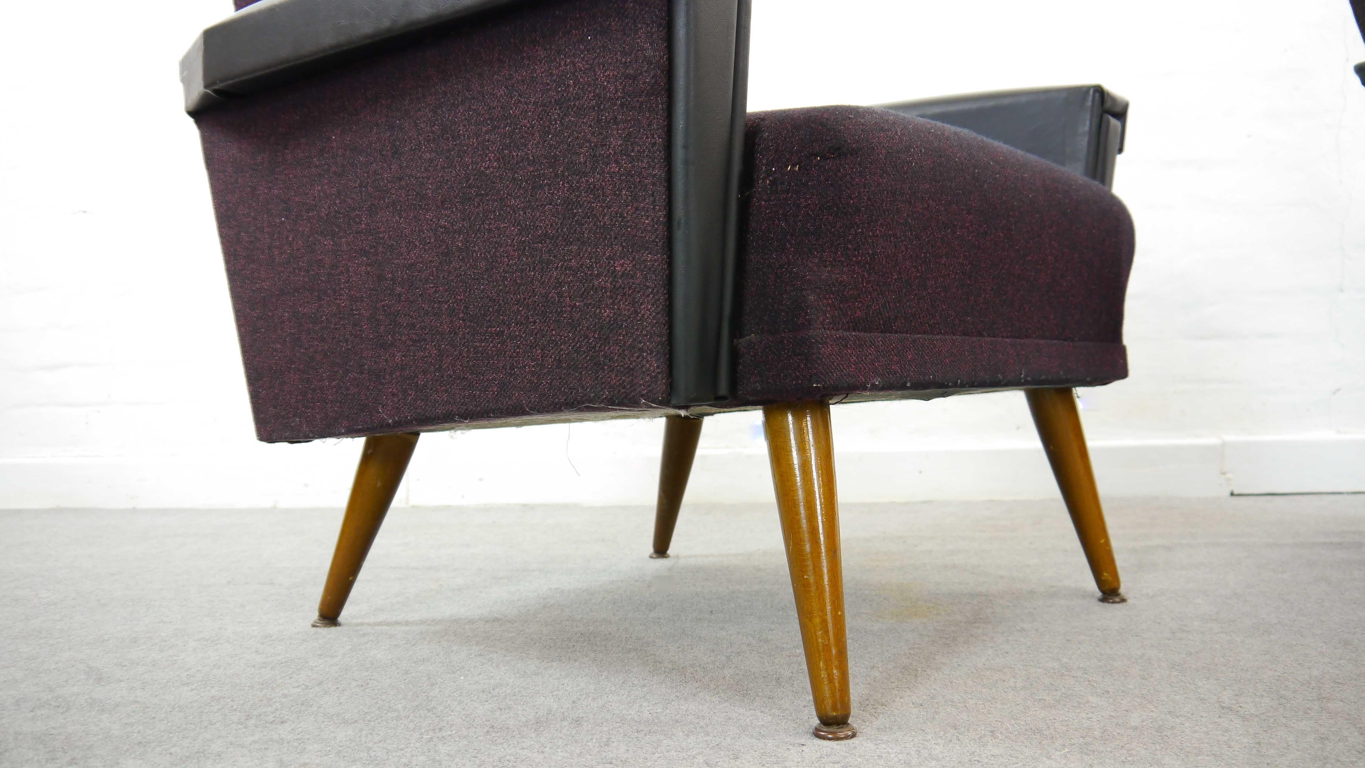 Vintage Pair of Midcentury Cocktail Chairs or Club Chairs in Purple-Black, 1950s For Sale 1