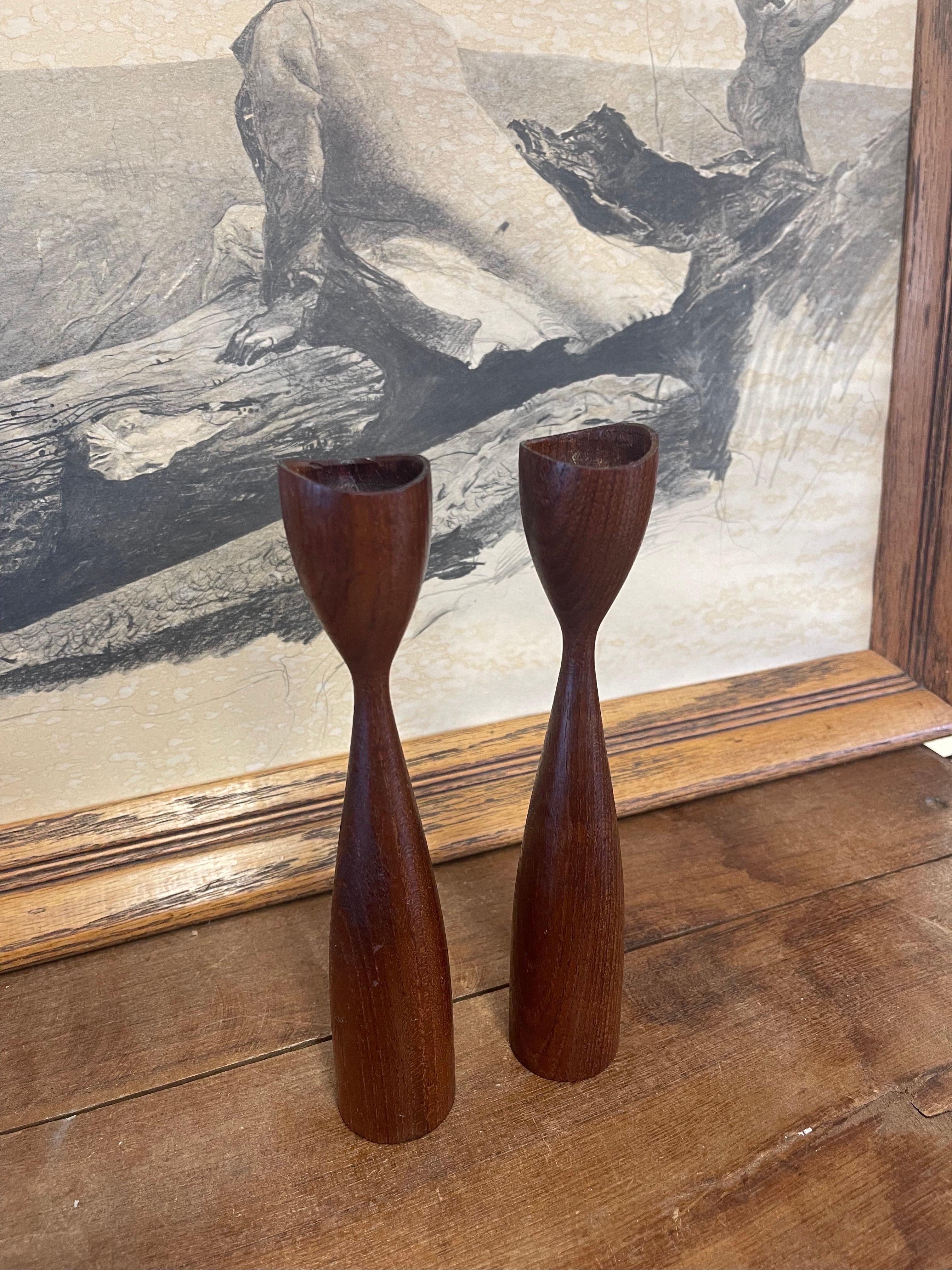Wood Vintage Pair of Mid Century Modern Atomic Decorative Candle Stick Holder For Sale