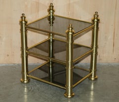 ViNTAGE PAIR OF MID CENTURY MODERN BRASS & SMOKED GLASS ETAGERE SIDE END TABLES