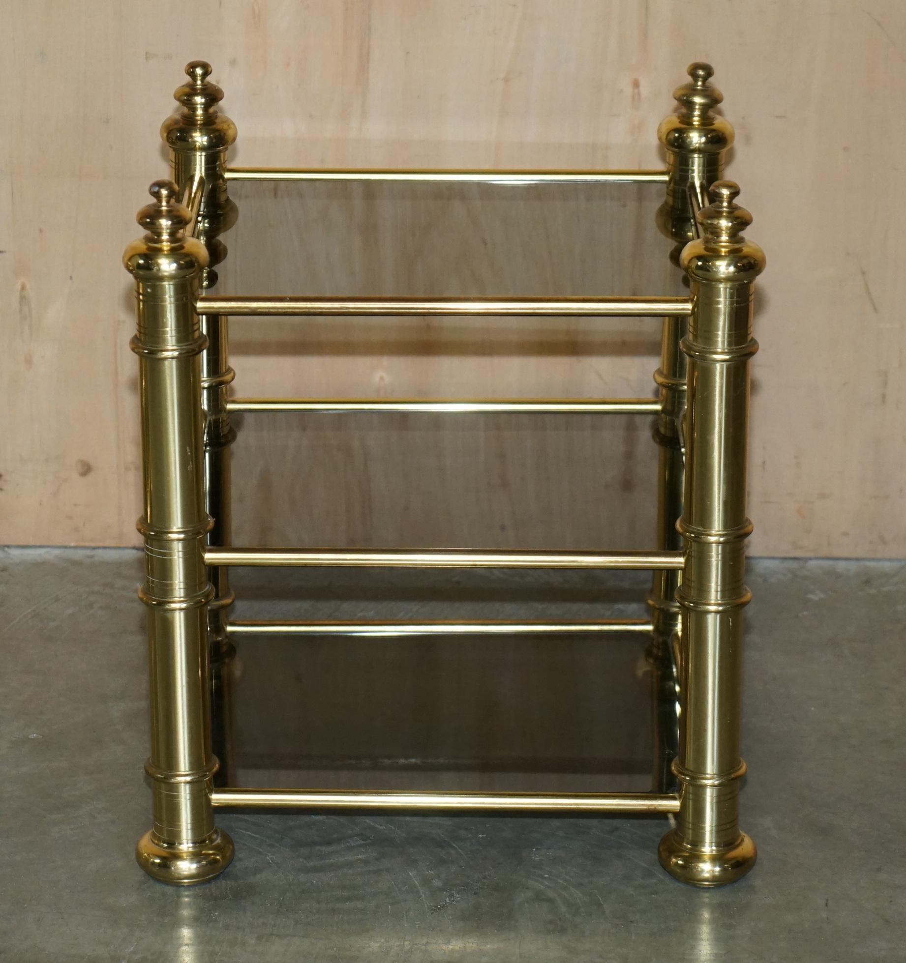 Mid-Century Modern ViNTAGE PAIR OF MID CENTURY MODERN BRASS & SMOKED GLASS ETAGERE SIDE END TABLES For Sale