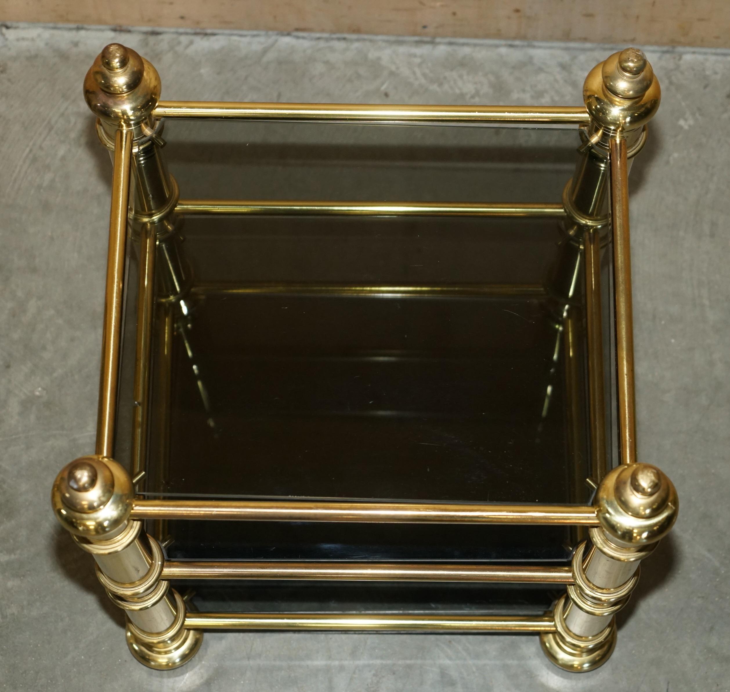 European ViNTAGE PAIR OF MID CENTURY MODERN BRASS & SMOKED GLASS ETAGERE SIDE END TABLES For Sale